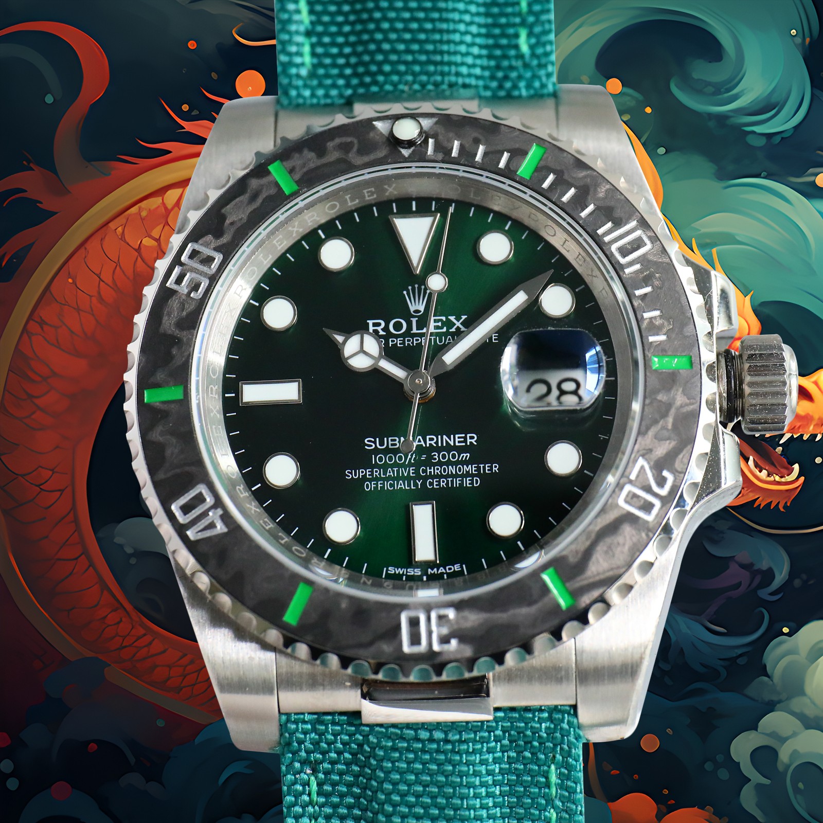 ROLEX Year of the Dragon Auspicious 🔥 🔥 Submariner Carbon Fiber Bezel - Velcro Strap - Green(1:1 replica) - Elite Watch Atelier