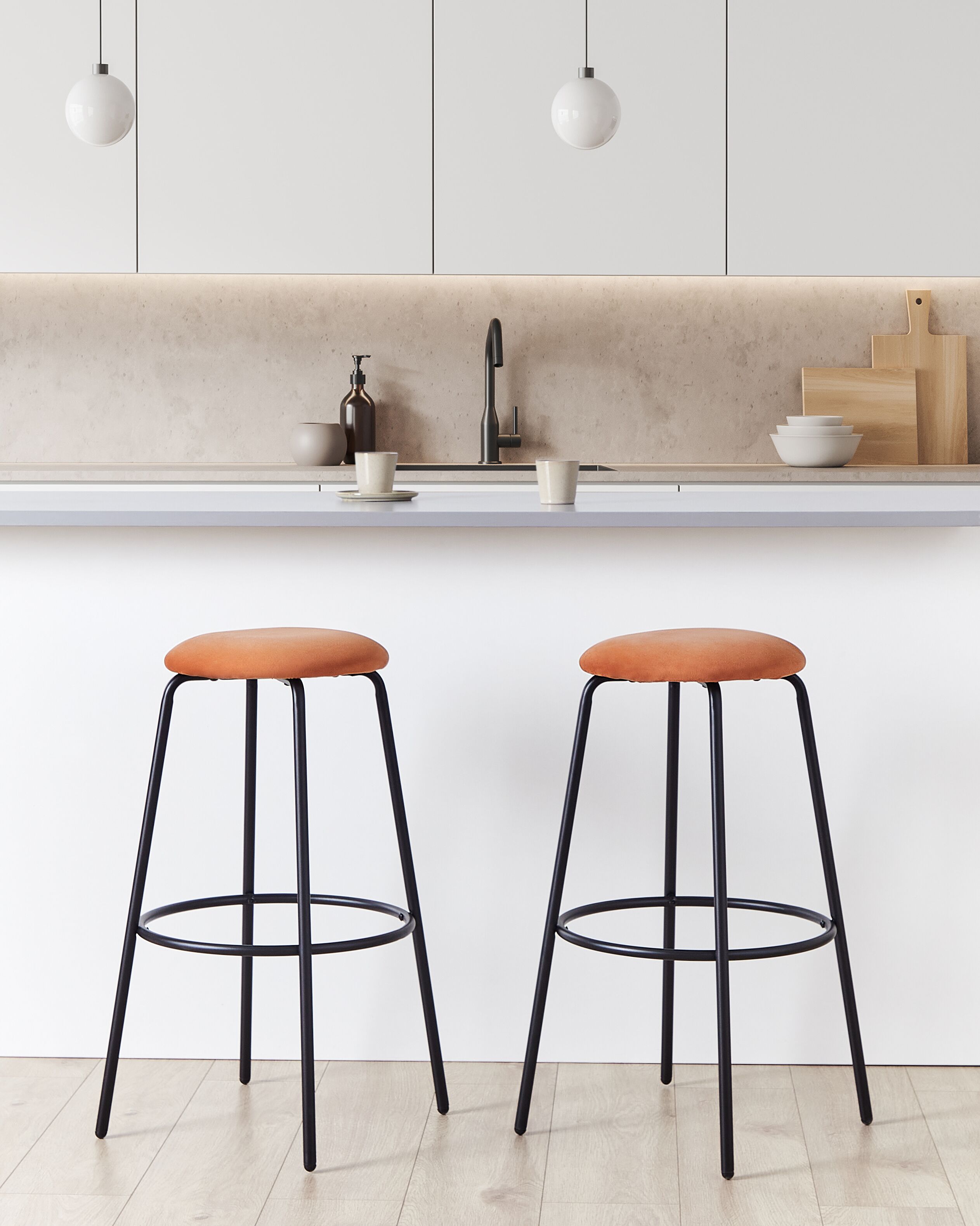 Set of 2 Bar Stools MORTON Velvet Orange