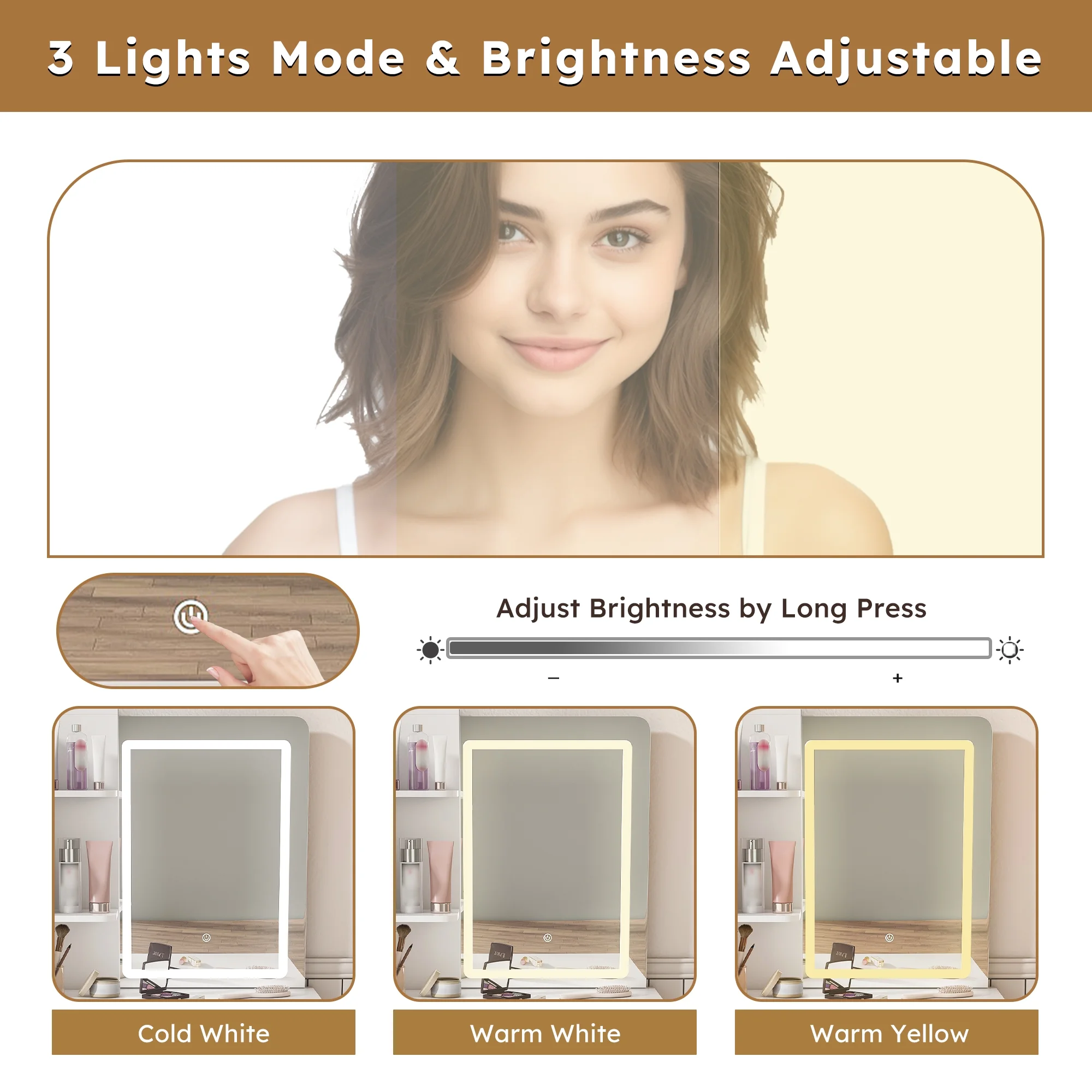 Montary Modern Mini Vanity w/Adjustable LED Mirror + Hidden Storage, Padded Stool & Dustproof Shelves (White) - Image 35