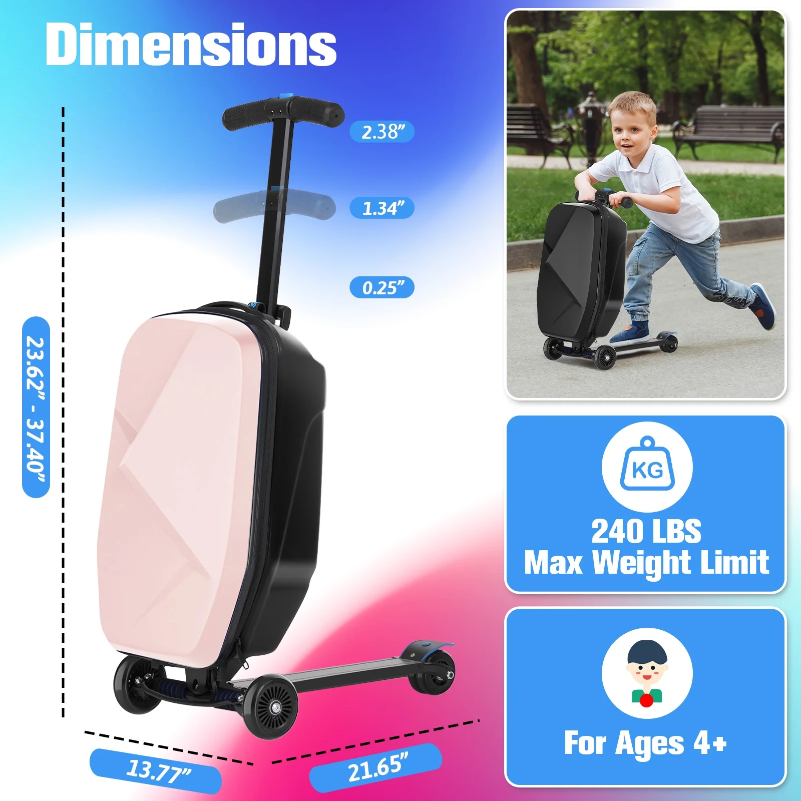 Advwin Scooter Luggage for Kids & Adults, Hardside Ride on Suitcase for Kids Ages 4-15 Multifunctional Lightweight Foldable Carry on Luggage with Wheels Ride on for Children Teenagers, Pink - Image 4
