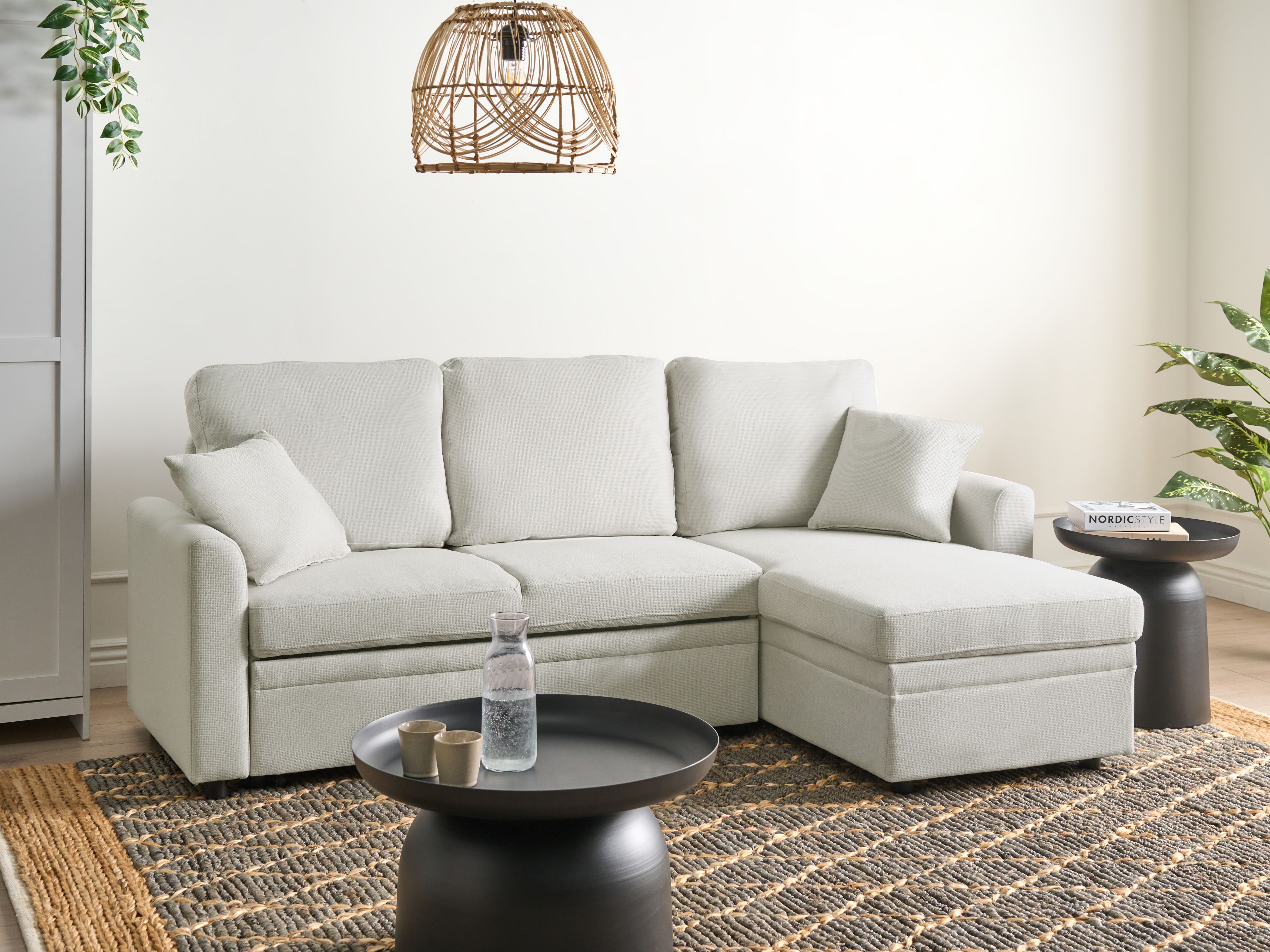 Corner Sofa Bed 3 Seater NASSJO Faux Linen Light Beige Left Hand