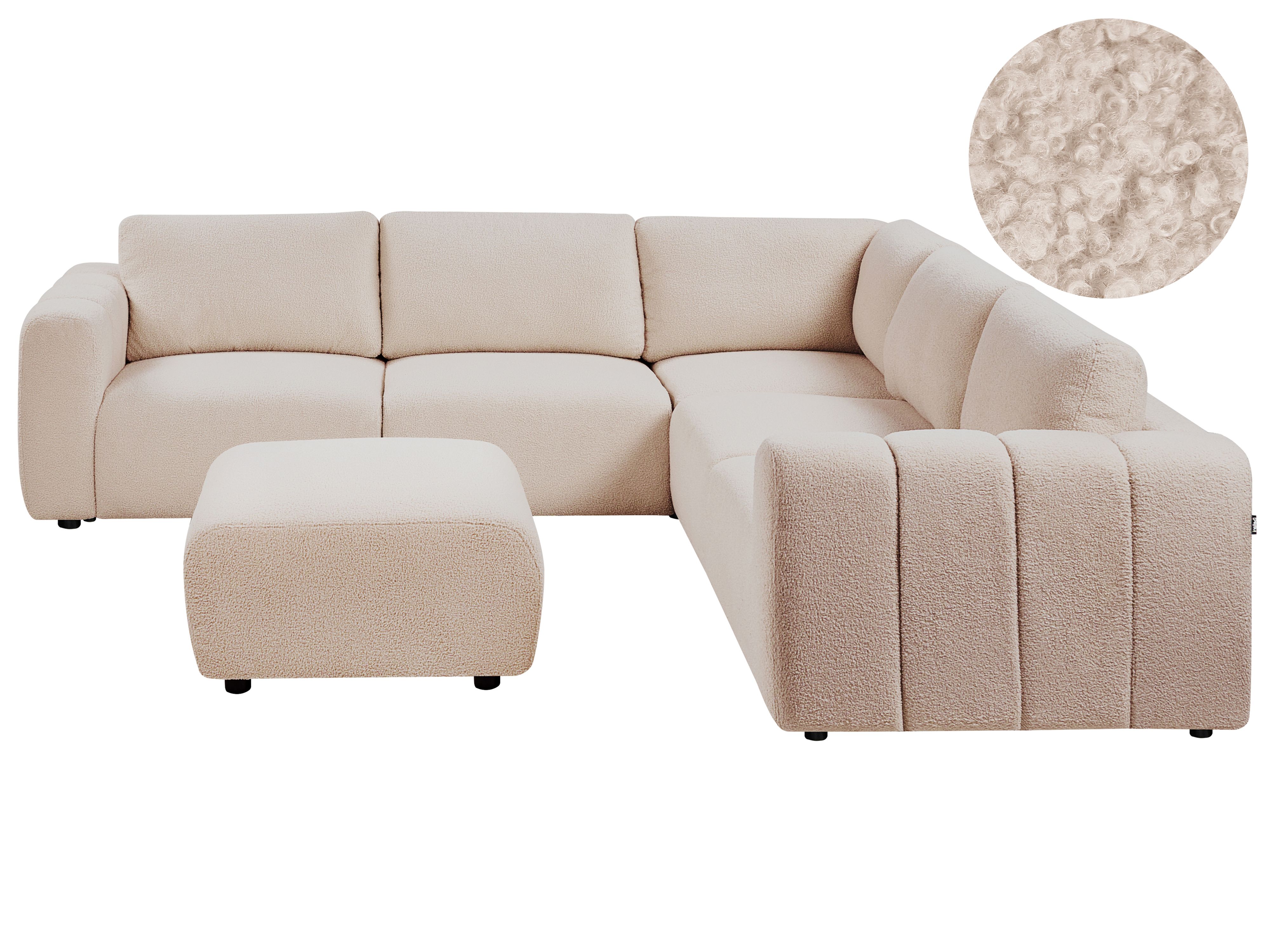 Modular Corner Sofa 5 Seater KIVVIK Boucle Beige with Ottoman Left Hand