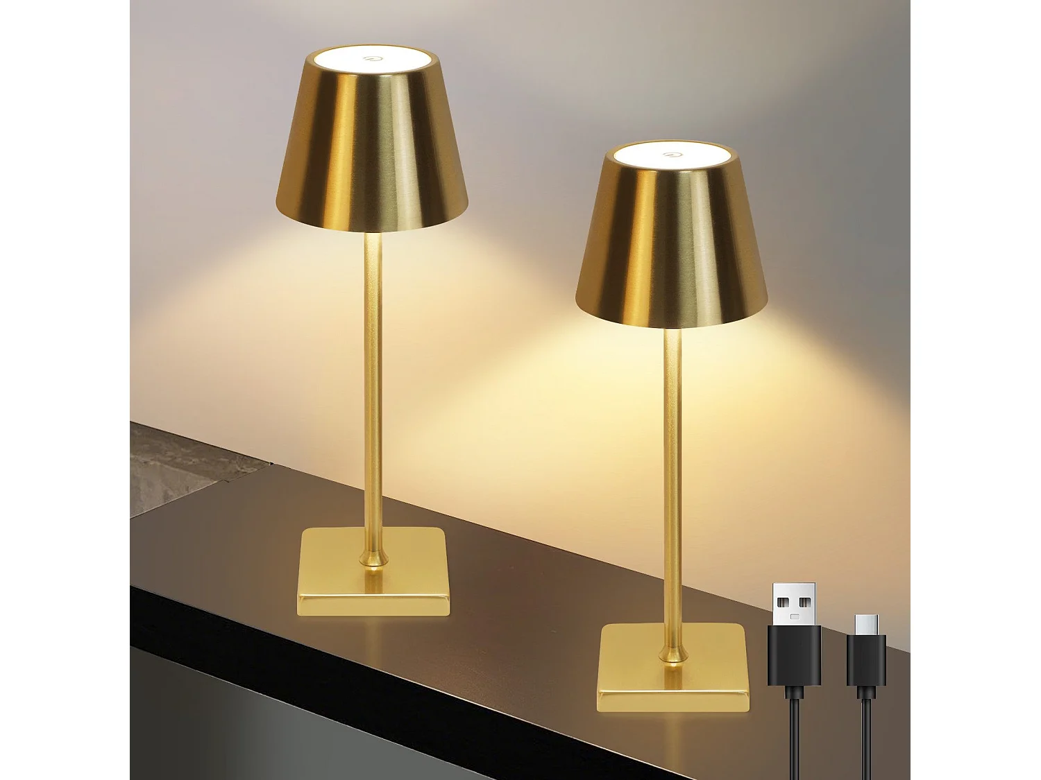 NETTLIFE Lampe de table LED vintage dorée sans fil tactile à intensité variable, lampe de chevet à 3 températures de couleur