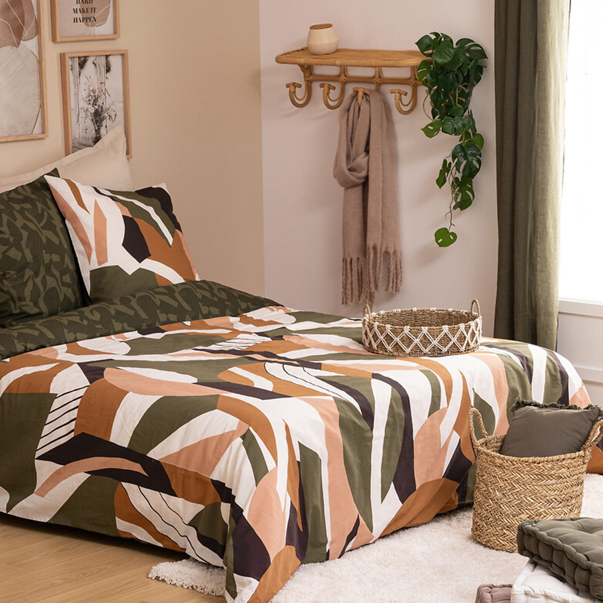 Printed bed linen set "Arik" Cotton, khaki green, 240x220 cm