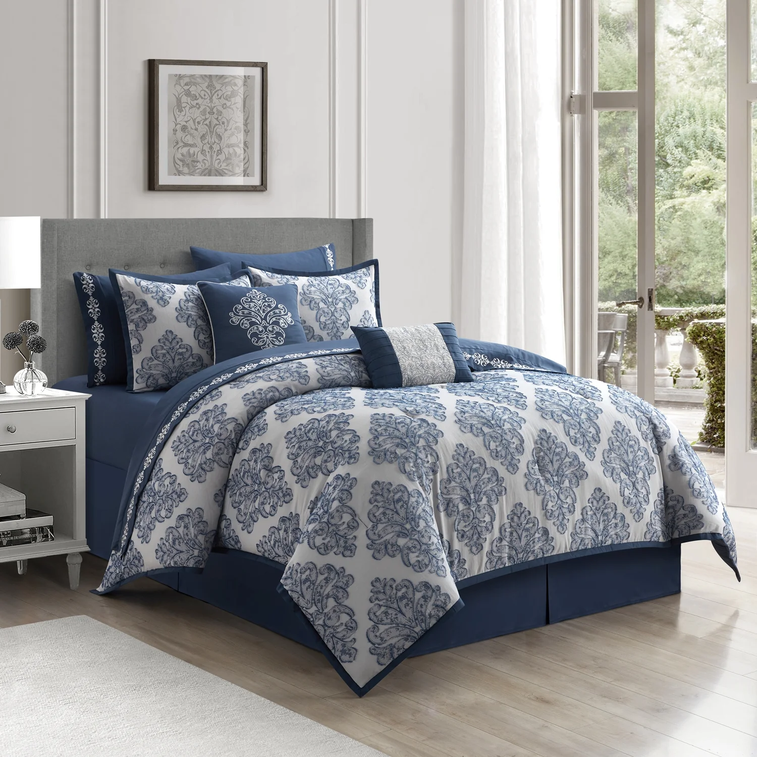 Lanco Smoke Grey Comforter Set California King Size, 9 Piece Jacquard Floral Bedding Set, All Season, Ultra-Soft, Matching Pillows & Shams, Bed Skirt - Image 16