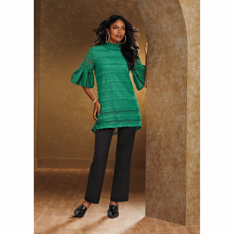 Ada Woven Lace Tunic with Ruffled Collar and High-Low Fringe Hem - MIDNIGHT VELVET CATALOG