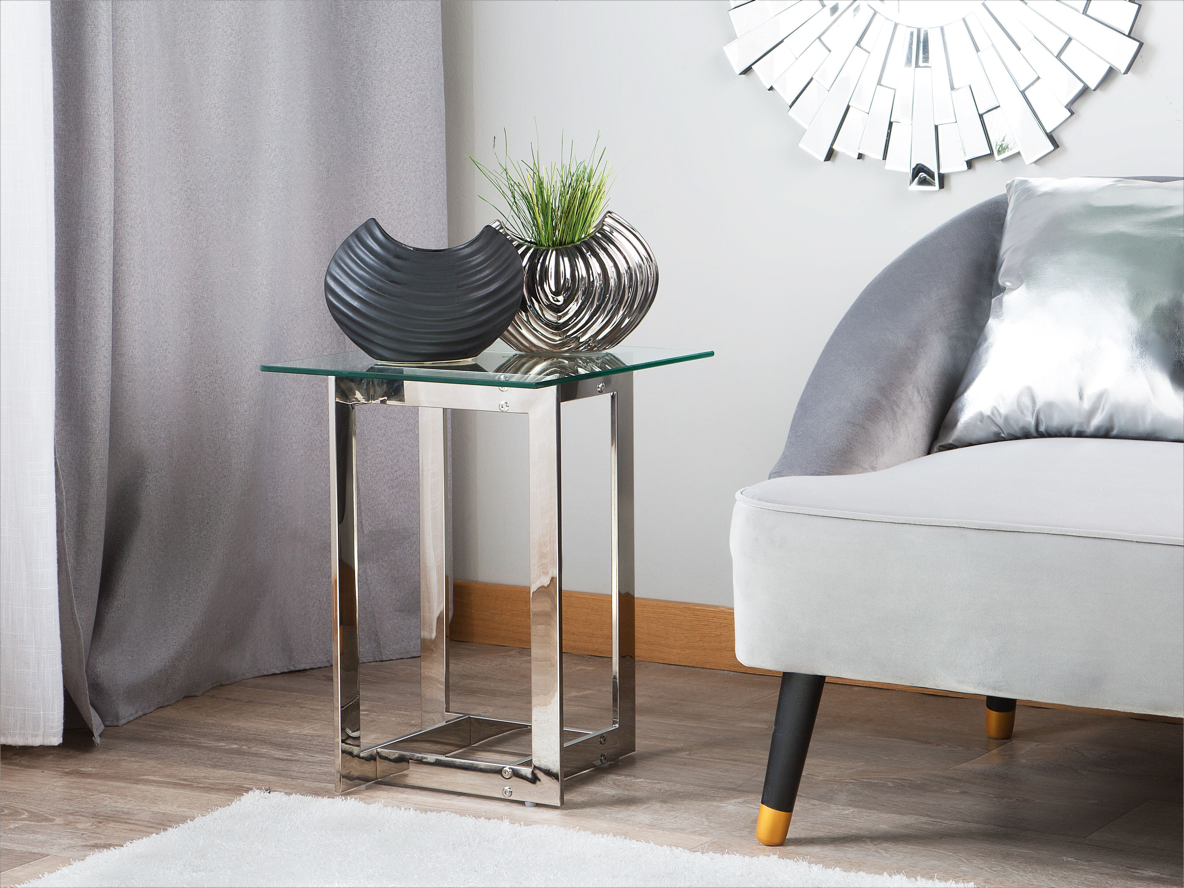Side Table CRYSTAL Tempered Glass Silver