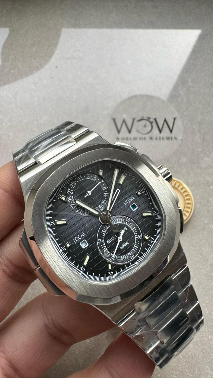 Replica PATEK PHILIPPE PPF Nautilus Chronograph Travel 5990 SS Grey Dial Stick on SS Bracelet A28-520 - Elite Watch Atelier