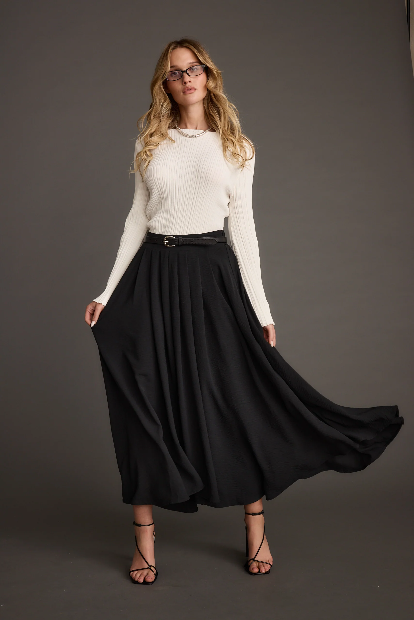 Melinda White Ribbed Knit Bell Sleeve Top
