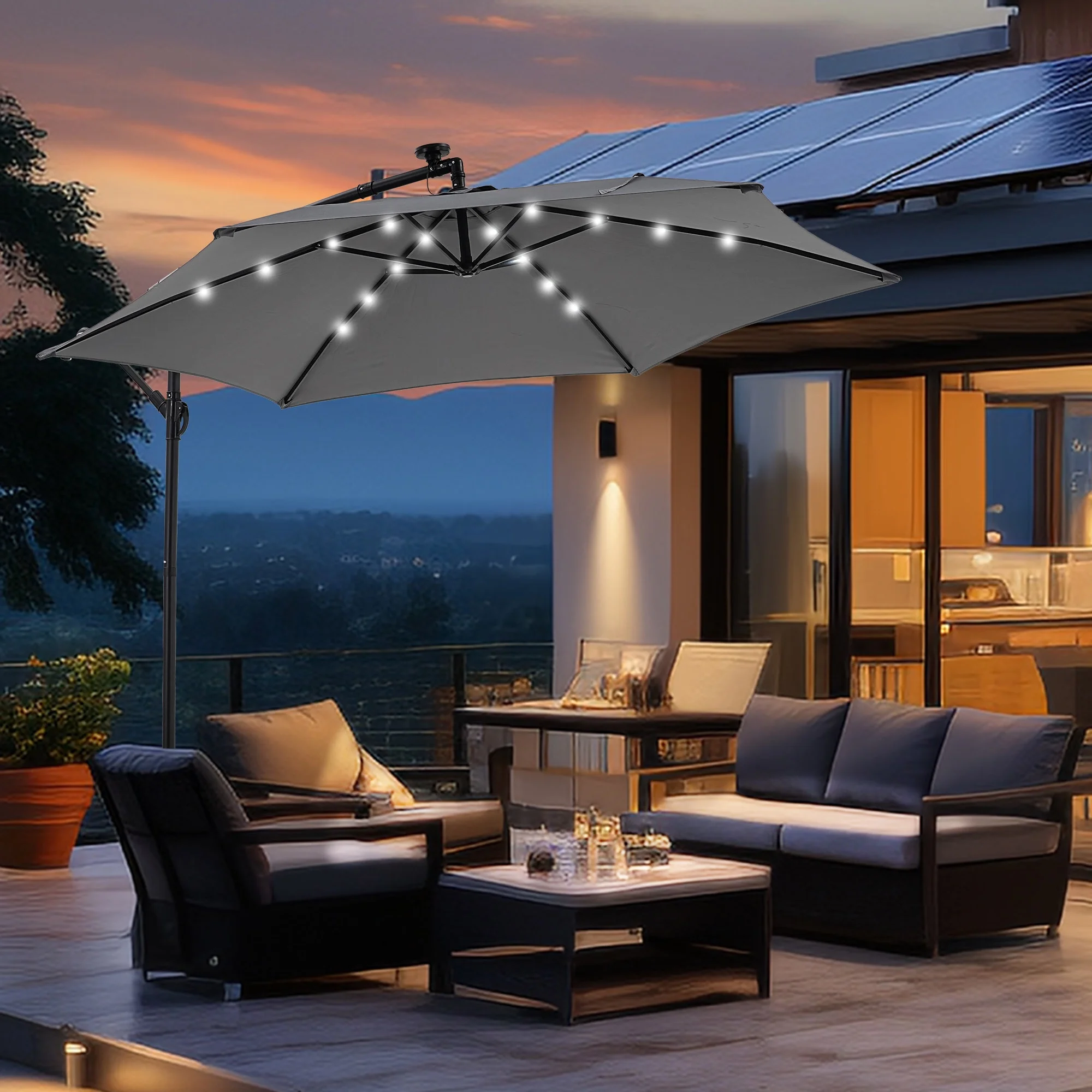 Ainfox 10ft Cantilever Patio Umbrella with Lights, Offset Market Umbrella with Sandbags Weighted Base and Cross Base,Khaki - Image 18