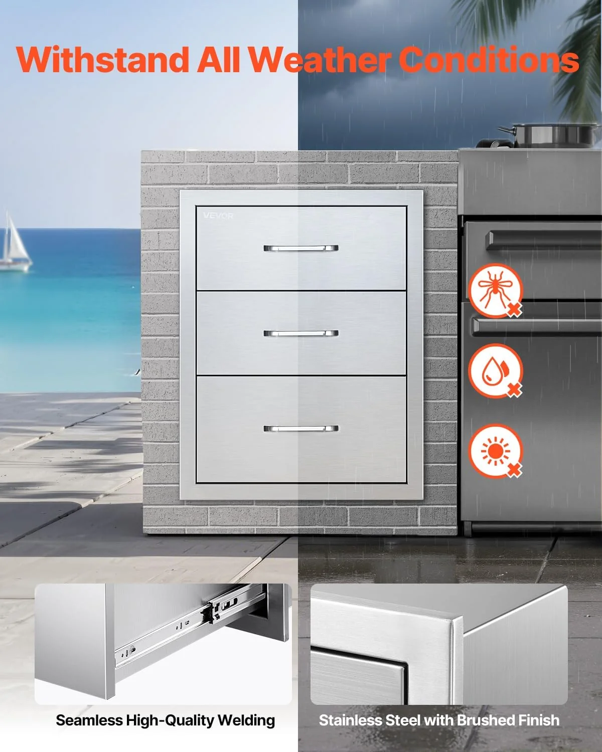 VEVOR Outdoor Kitchen Drawer Cabinet, Stainless Steel, 18.11 inch W x 23.23 inch D x 23.23 inch H, 3 Drawers - Image 5 VEVOR Outdoor Kitchen Drawer Cabinet, Stainless Steel, 18.11 inch W x 23.23 inch D x 23.23 inch H, 3 Drawers - Image 5