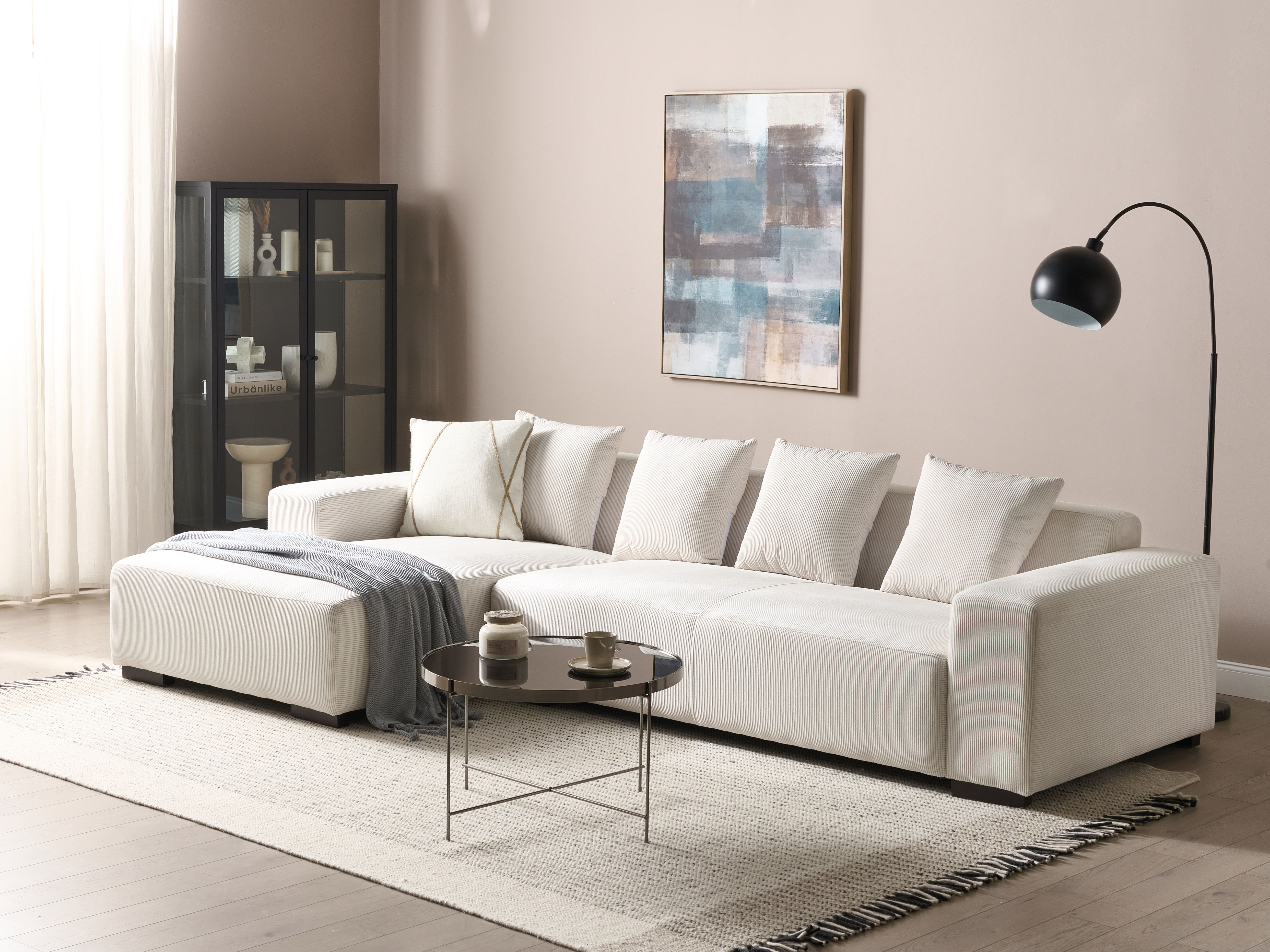 Corner Sofa 4 Seater LUNGO Corduroy Off-White Right Hand