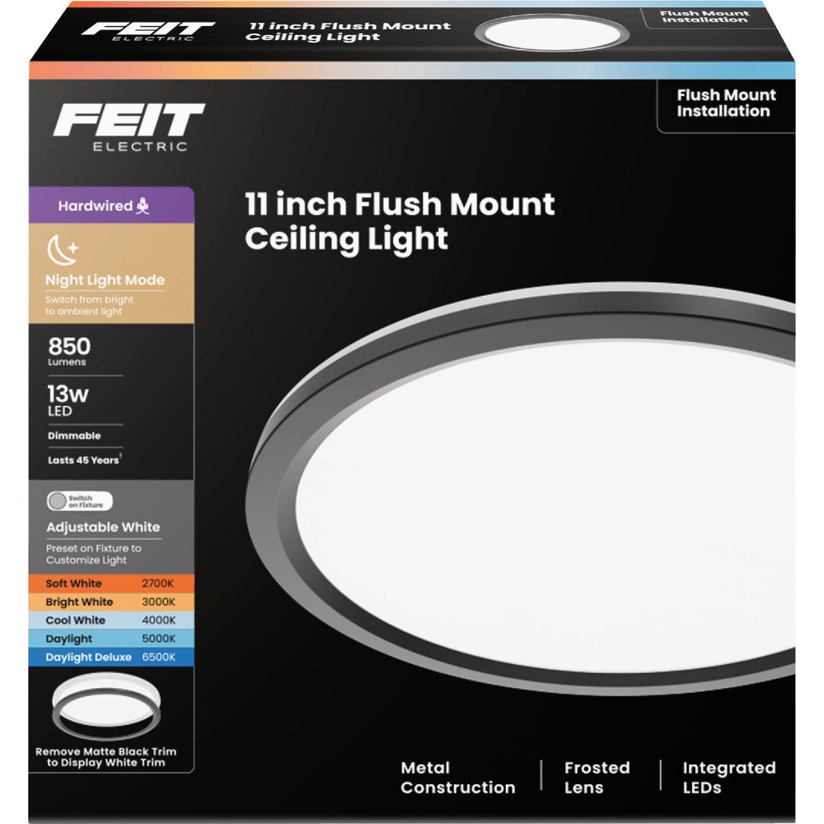 Feit 11 In. Interchangeable Trim LED CCT Flat Panel Disc Ceiling Light with Night Light