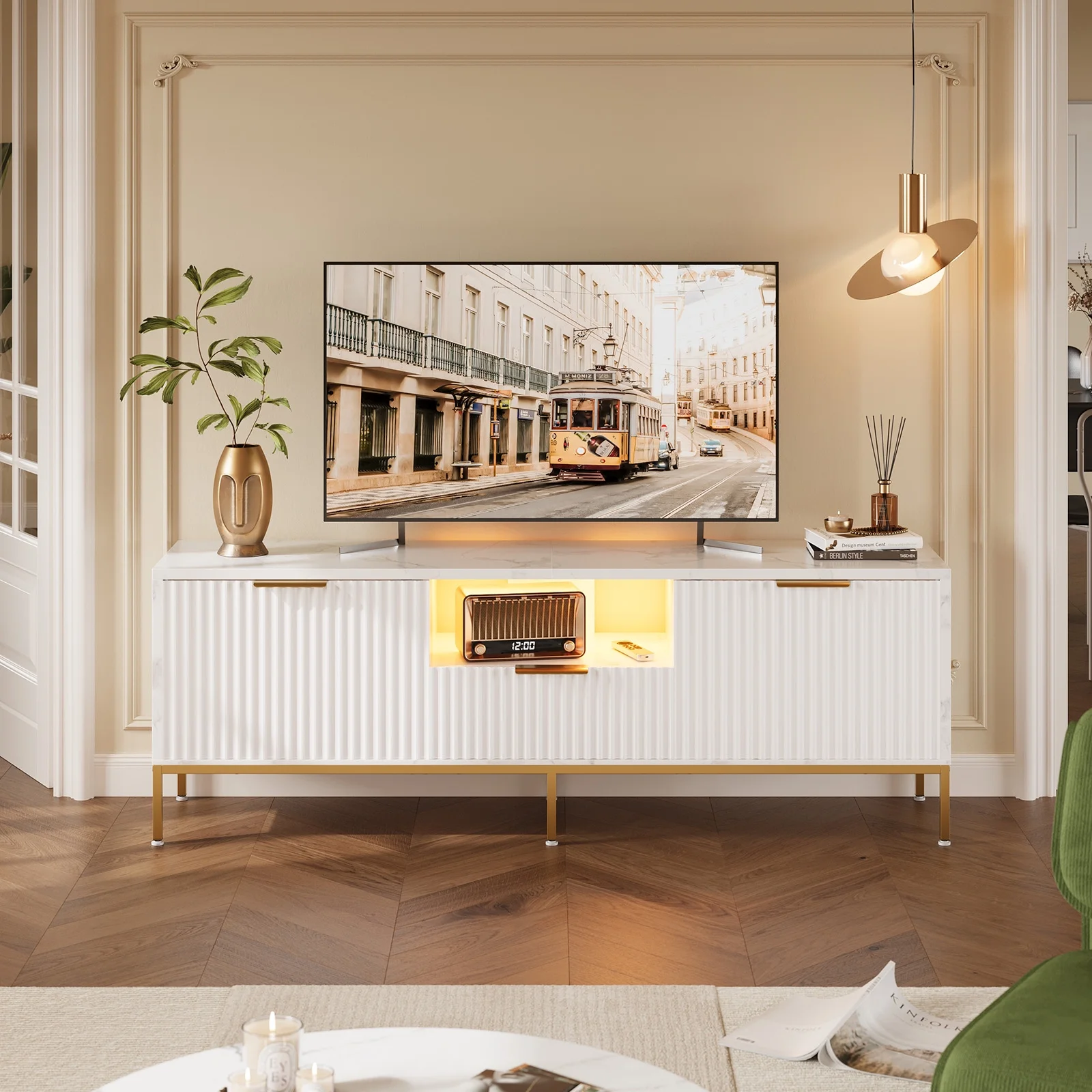 Bestier 55" LED TV Stand for TVs up to 60" Modern High Gloss Entertainment Center with Drawers Cabinets Fluted TV Console, White & Gold - Image 34