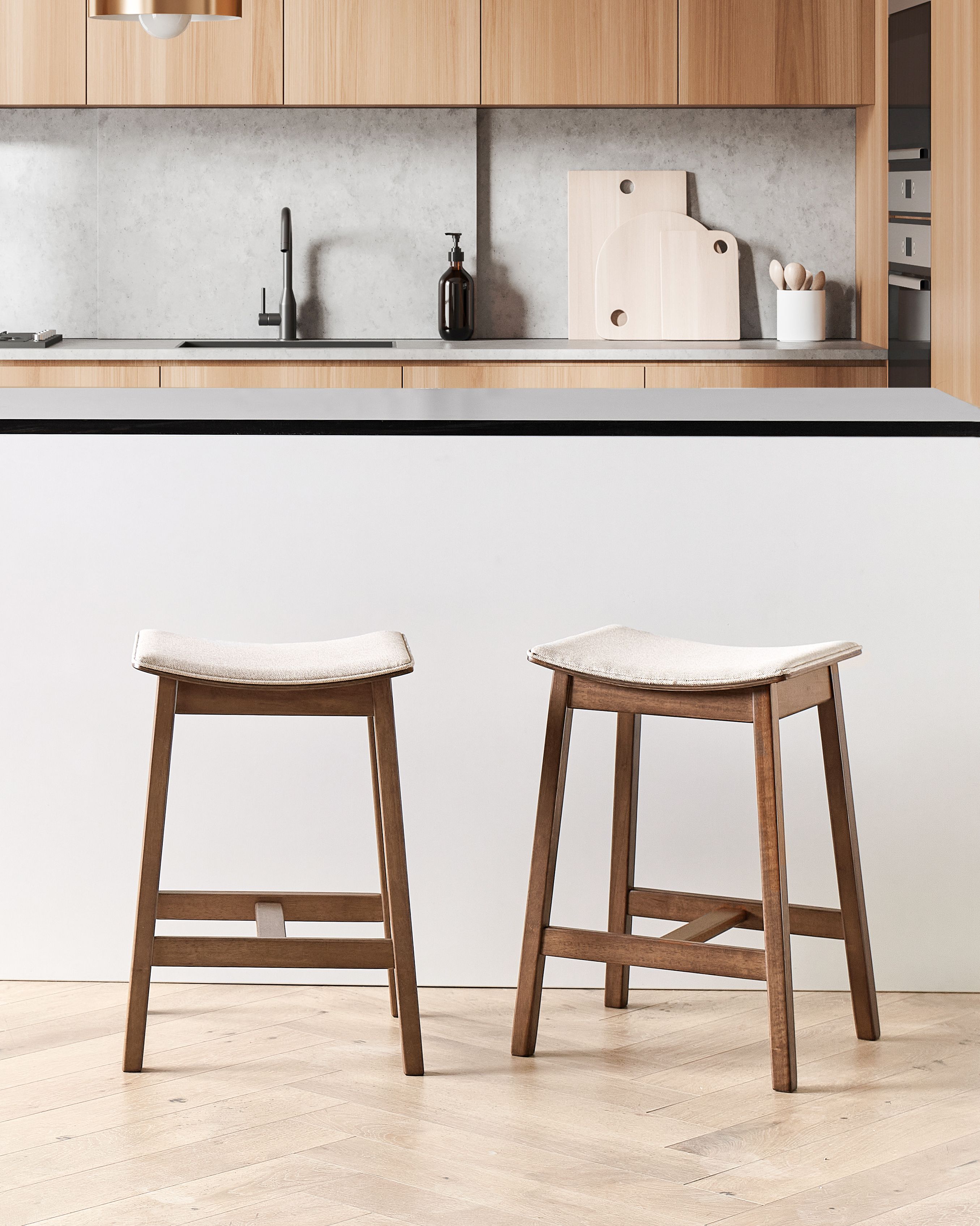 Set of 2 Bar Stools DIXON Wood Dark Brown/ Beige