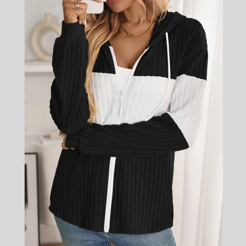 Drawstring Color Block Zip Up Outerwear - ZKZOOK