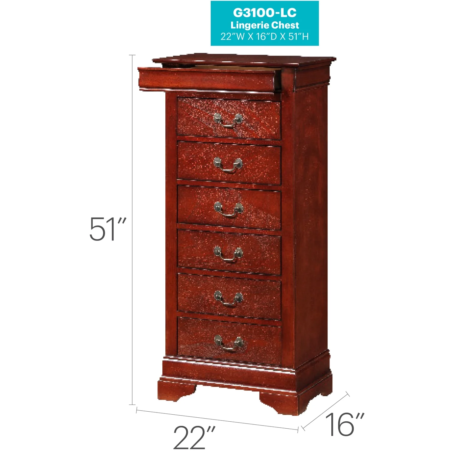 Glory Furniture Louis Phillipe 7 Drawer Lingerie Chest in Cherry - Image 2