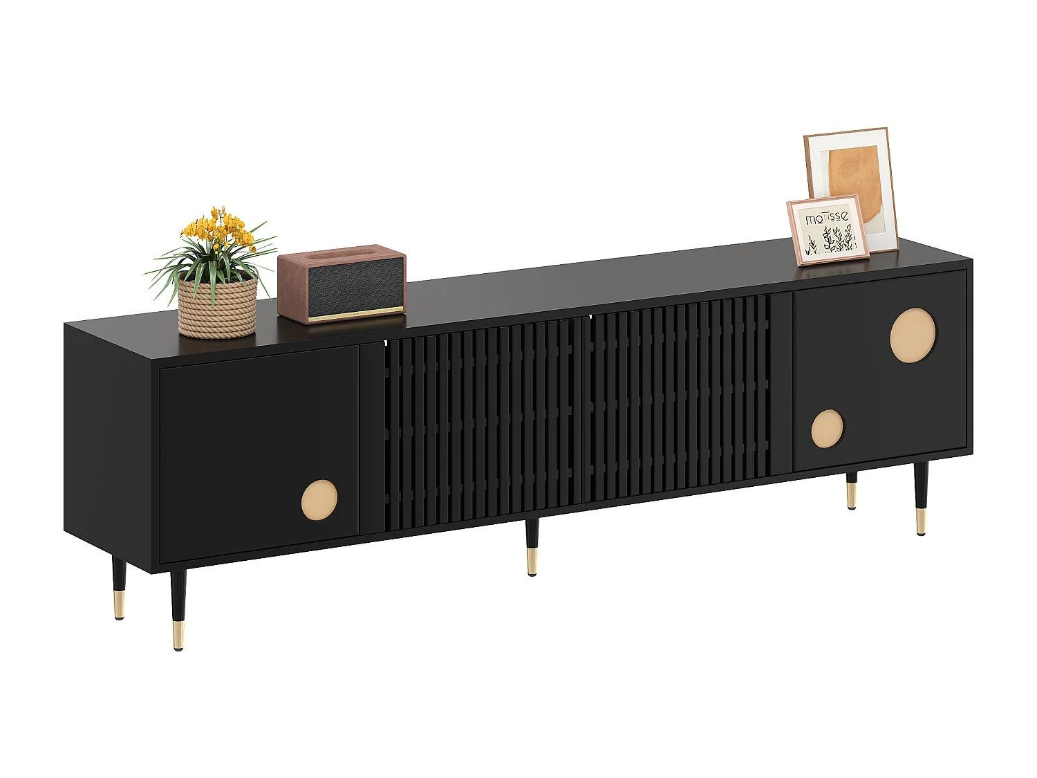 Meuble TV avec structure en treillis - 170 x 36 x 54 cm - avec 4 portes - MDF - noir