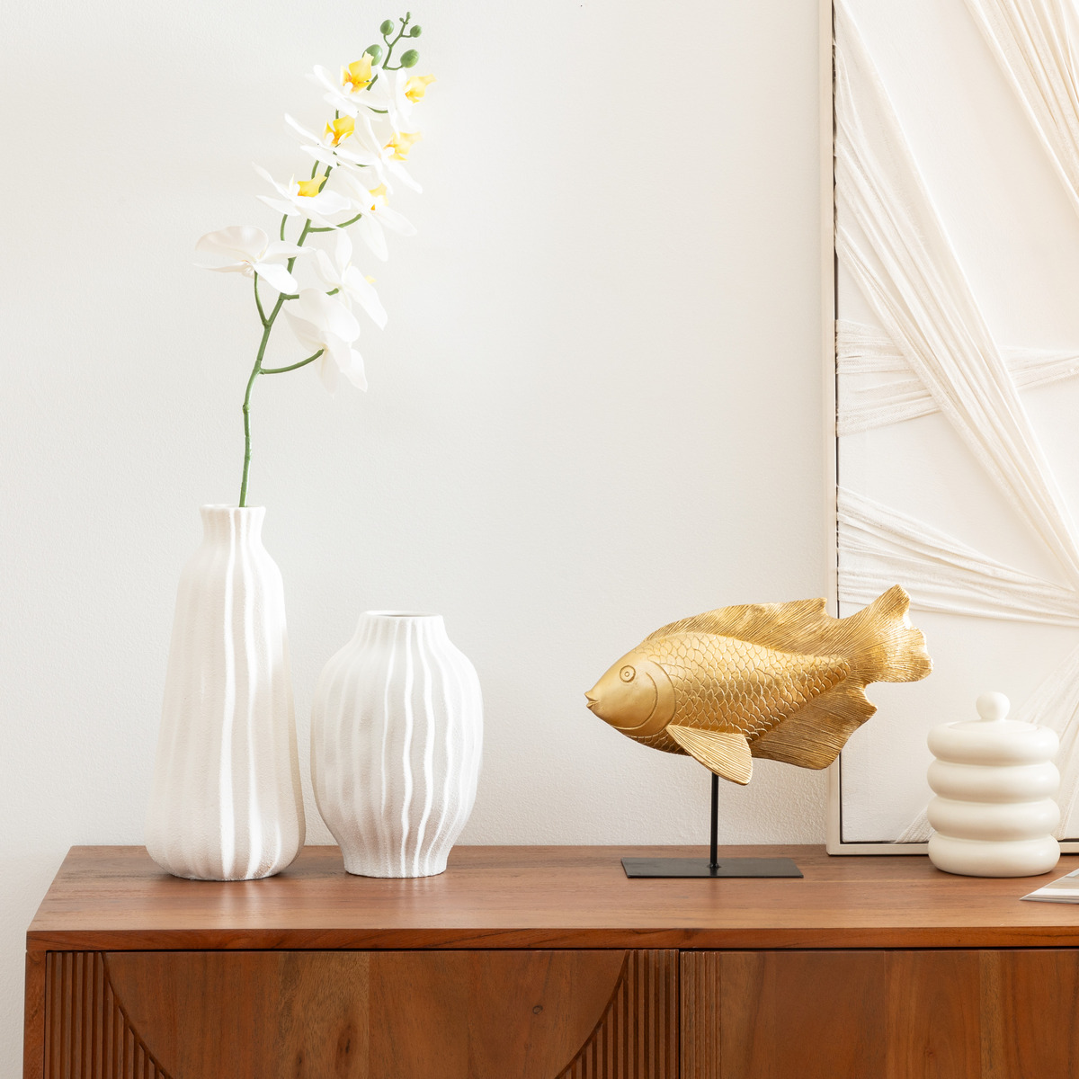 Striped vase "Fernan" Ceramic, White, H.30 cm