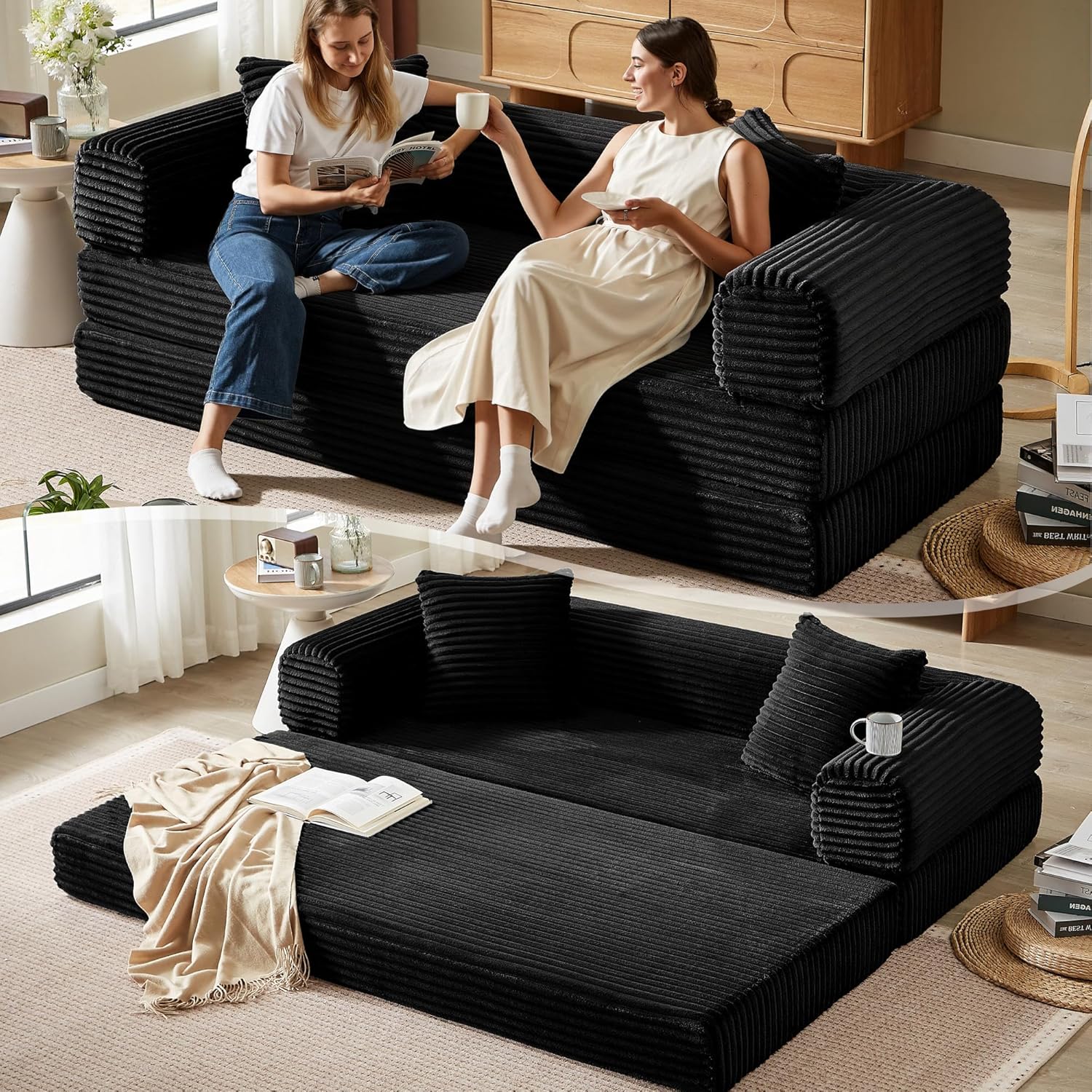 Boneless Couch Versatile Couches for Living Room No-Install Sofa Bed Corduroy Futon Soft Cloud Couch with Pillows for Bedroom Game Movie (Black, 76
