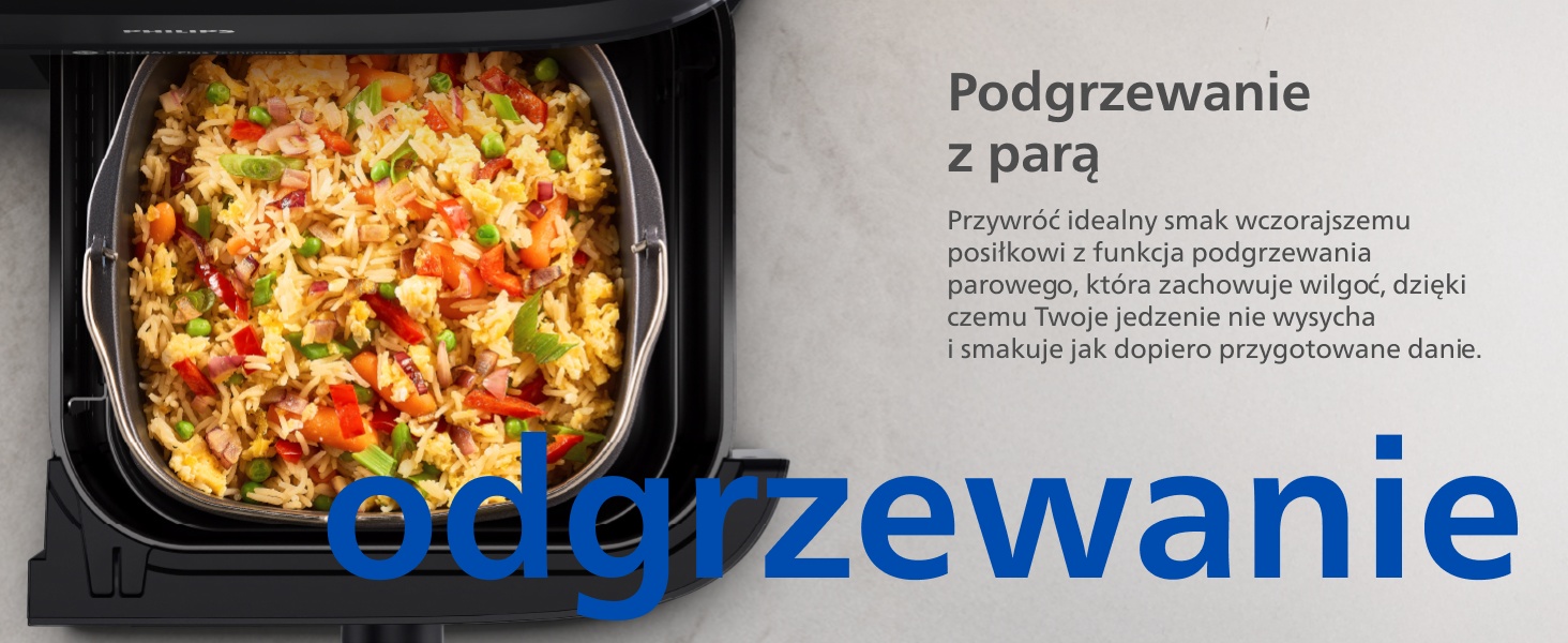 Tekst brzmi „Podgrzewanie”. Seria obrazów patelni przedstawiających proces przygotowywania potraw z nakładką tekstową w języku polskim.