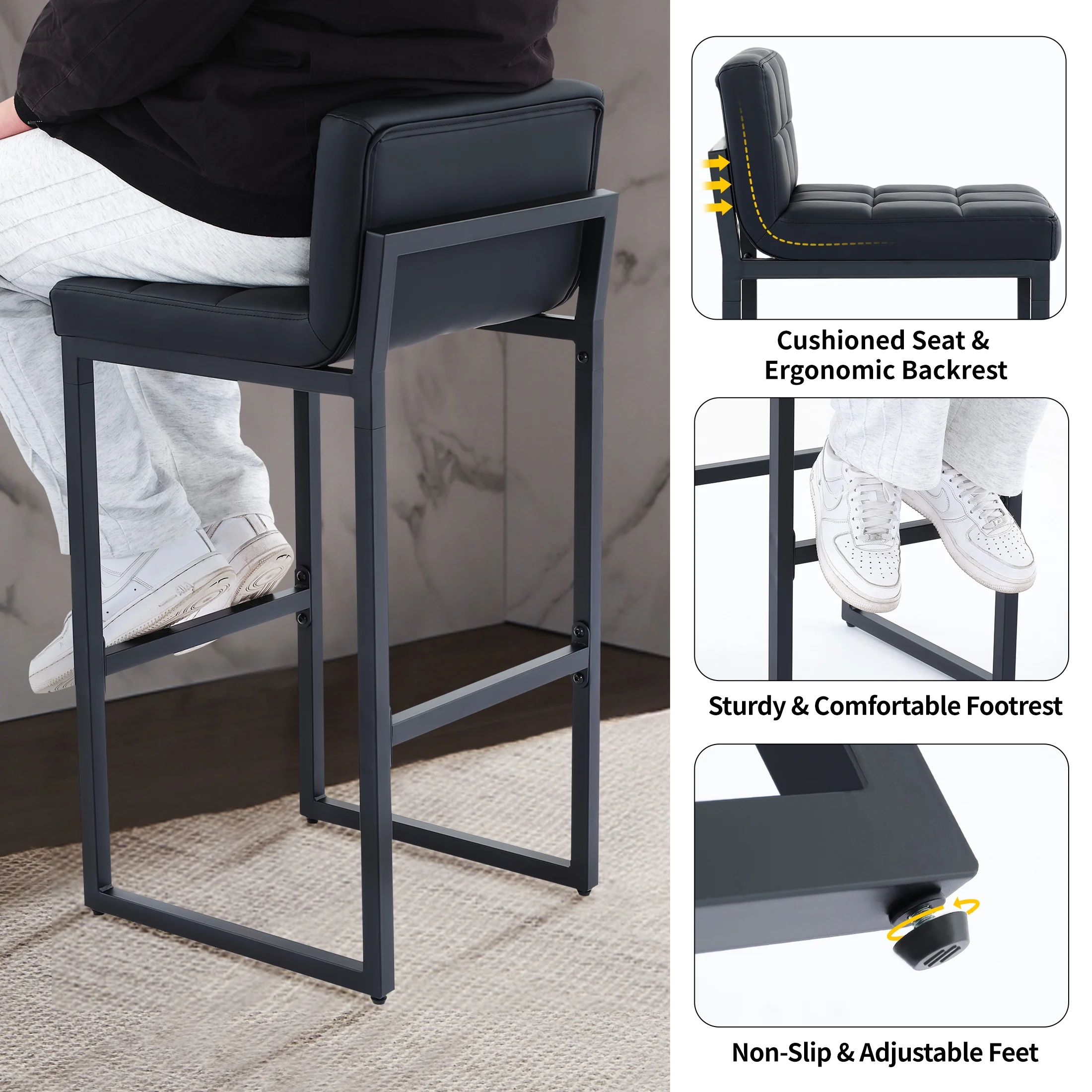 FIRAVOE Bar Stools Set of 3, Counter Height Bar Stools (Low Back)(Thickened Frame) 26" PU Leather Barstools Bar Chairs for Kitchen Island, Black - Image 4