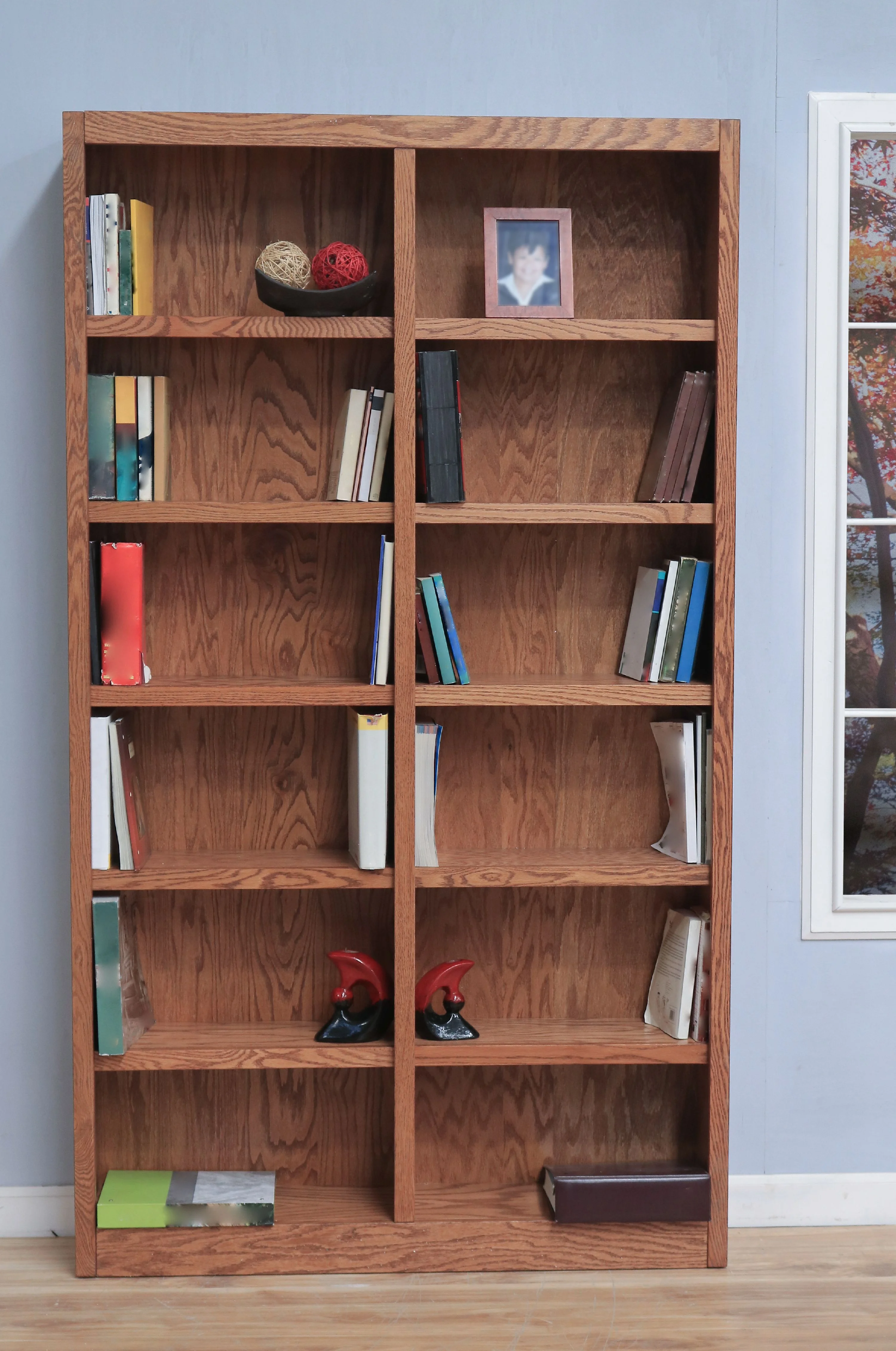 Concepts in Wood 12 Shelf Double Wide Wood Bookcase, 84 inch Tall - Oak Finish - Image 6