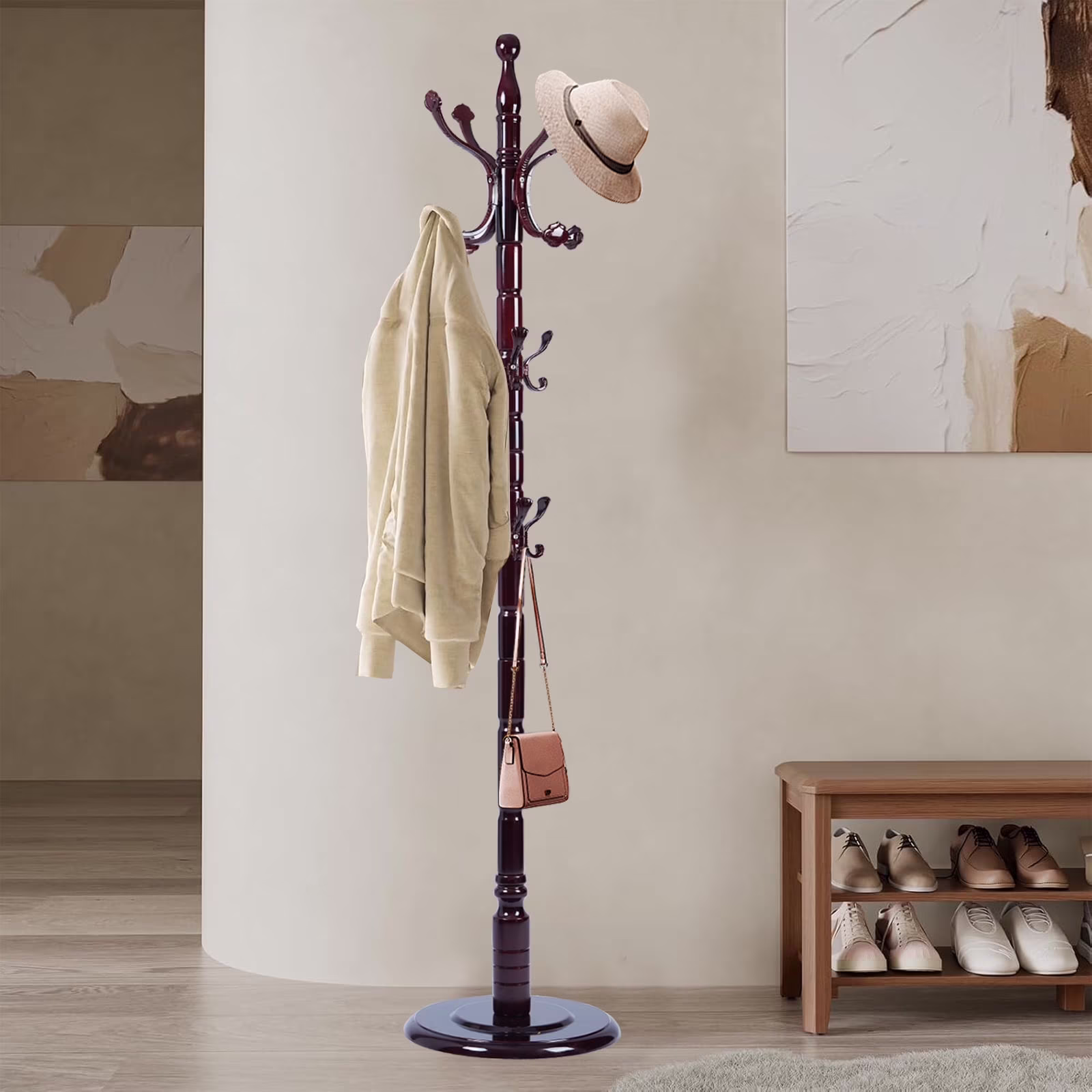 Coat Rack Freestanding, Hall Tree with 11 Hooks, Heavy Duty Wooden Coat Tree Stand, Adjustable Height, Sturdy Base for Bedroom Hallway Office - Load 270lbs - Image 9