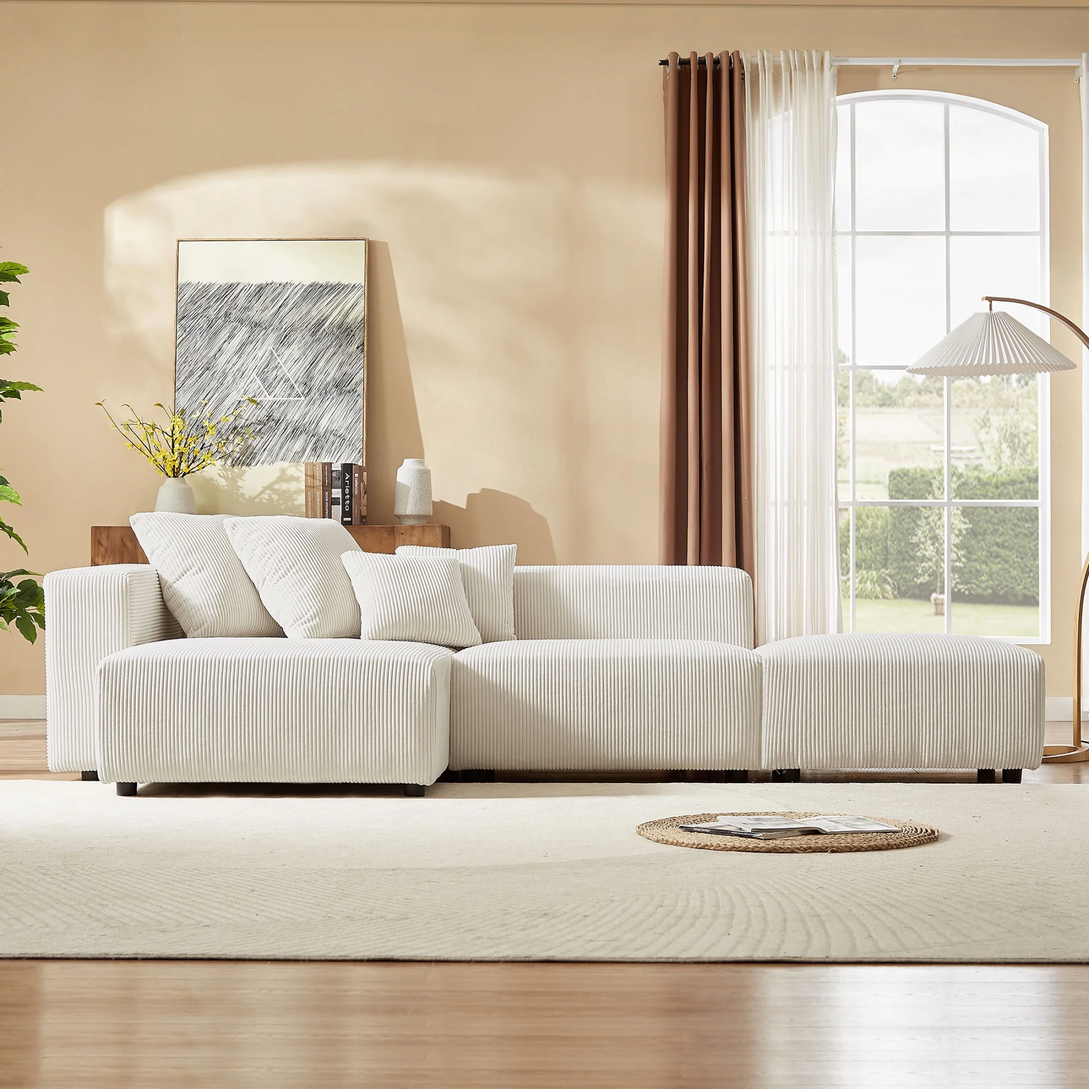 Newboti Furniture Soft Corduroy Sectional Modular Sofa Set, Small L-Shaped Chaise Couch for Living Room, Apartment, Office, Beige 25673 - Image 7