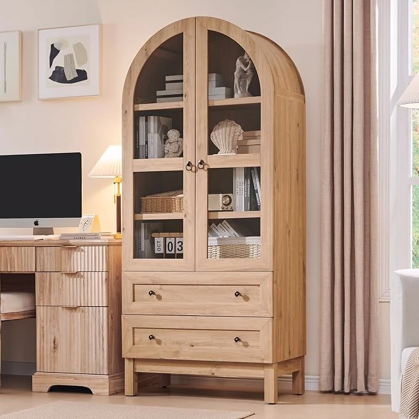 IFGET 71-Inch Arched 4-Tier Bookcase with Glass Doors and Drawers - Image 3