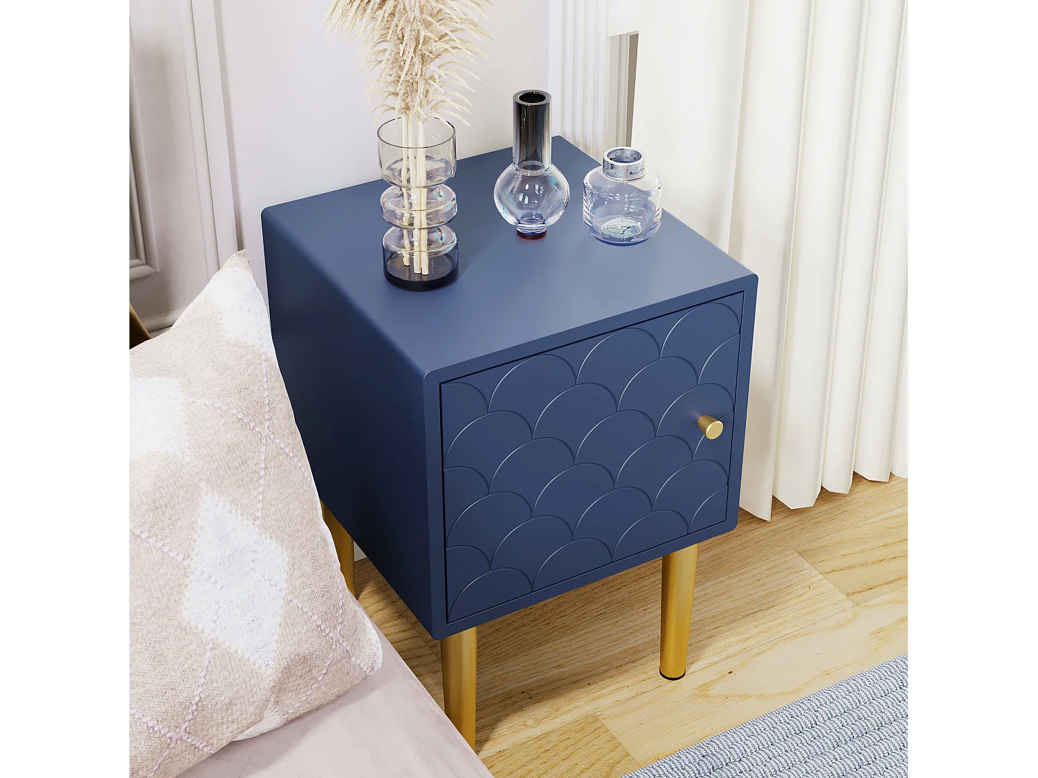 Lot de 2 tables de chevet 35x35x50 cm, motif écailles, poignée réversible, coins arrondis, panneaux de particules, bleu marine