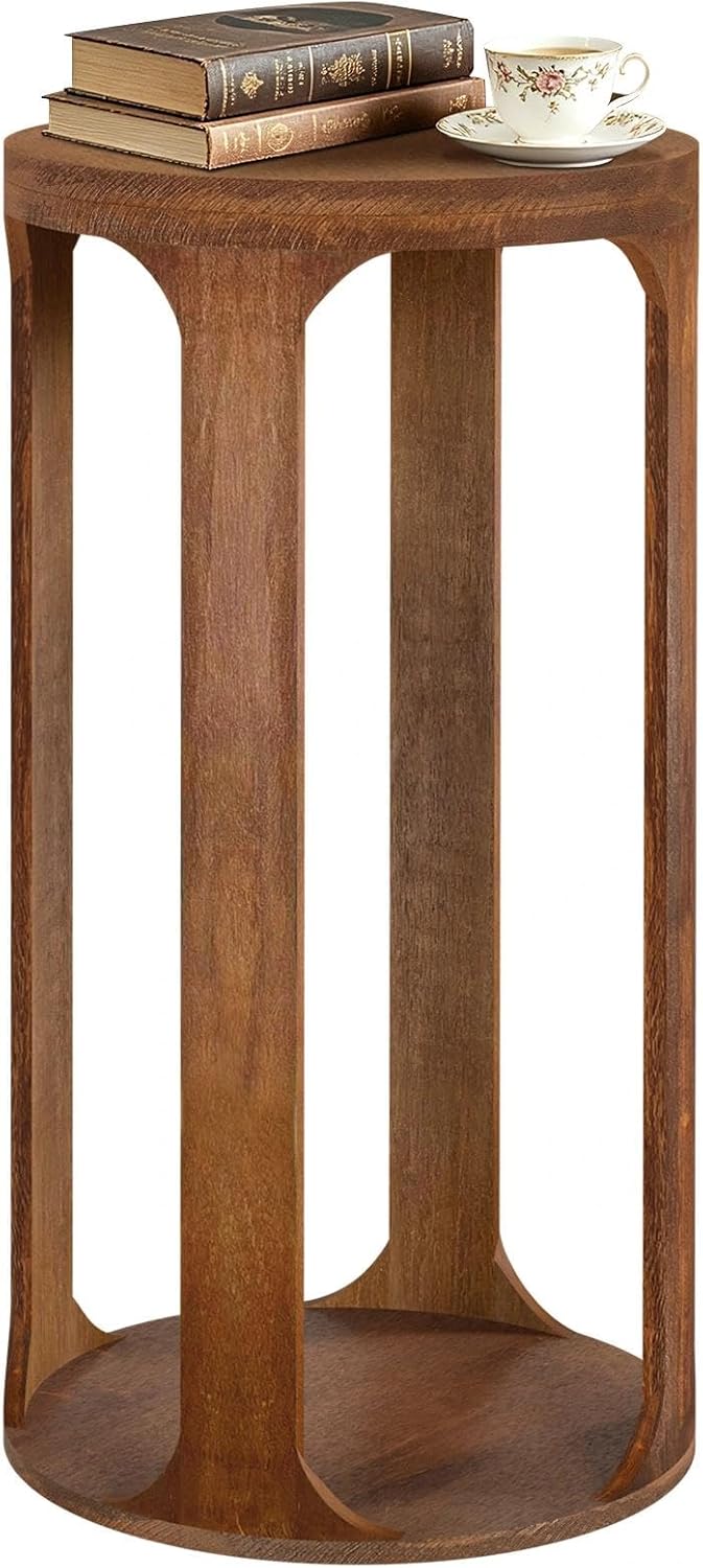Wooden Drink Table, Pedestal Round End Table, Walnut Brown Nightstand Accent Tables, Small Side Tables for Living Room Plant Stand, Bedroom, 12