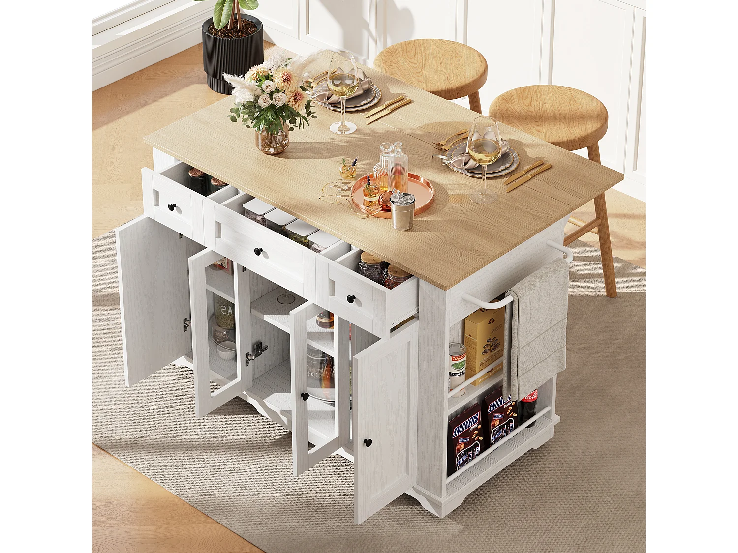 Îlot central de cuisine avec 3 tiroirs et 4 portes(dont 2 portes verres ) - Blanc 151.5 x 60(85) x 91.7cm