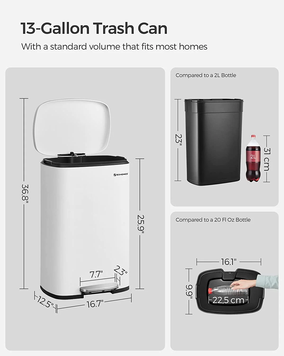 13 Gallon Stainless Steel Kitchen Trash Can, Garbage Can, Soft Close, White - Image 7