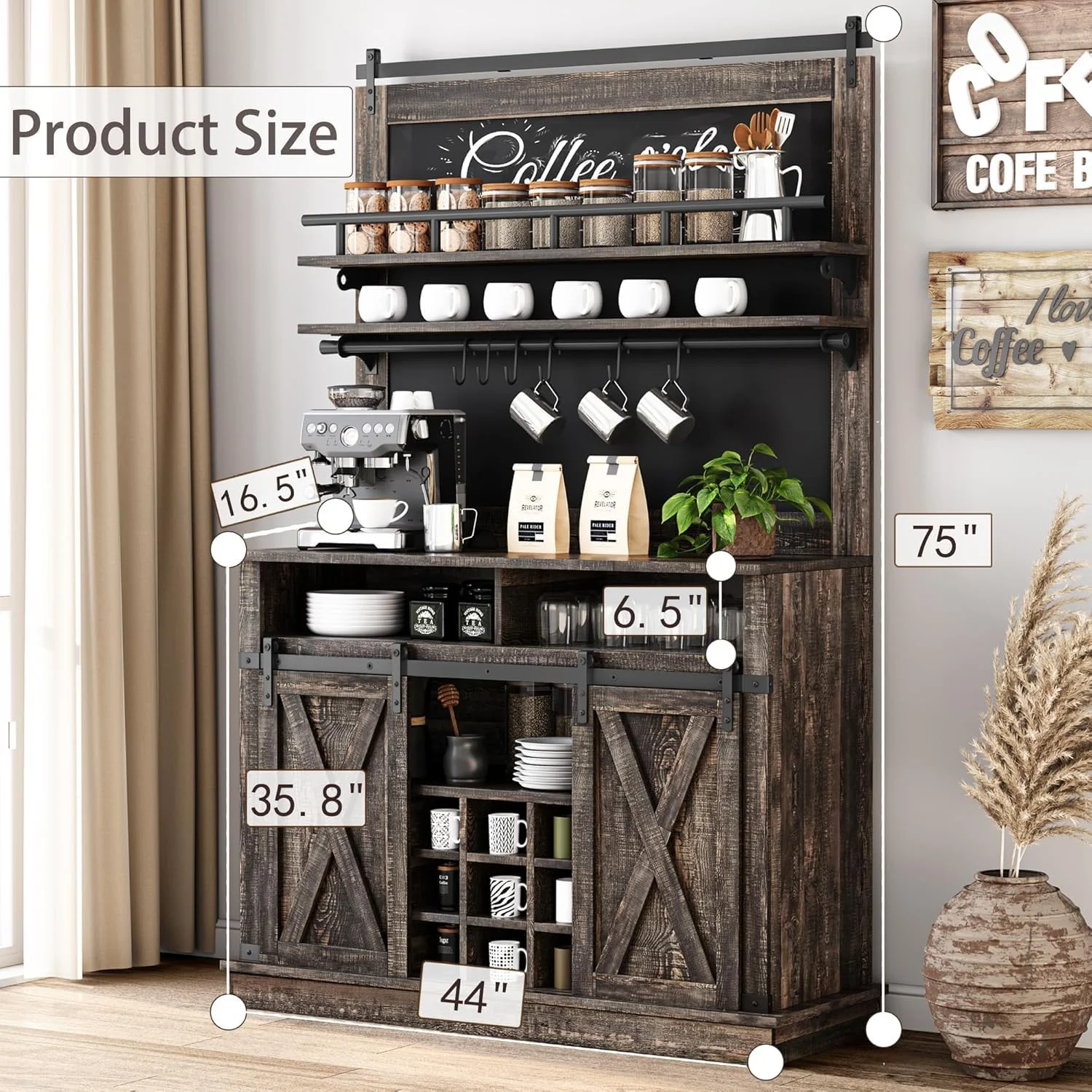 Yeshouse Farmhouse-Style Coffee Hutch - Tall Bar Cabinet with Versatile Storage & Sliding Doors