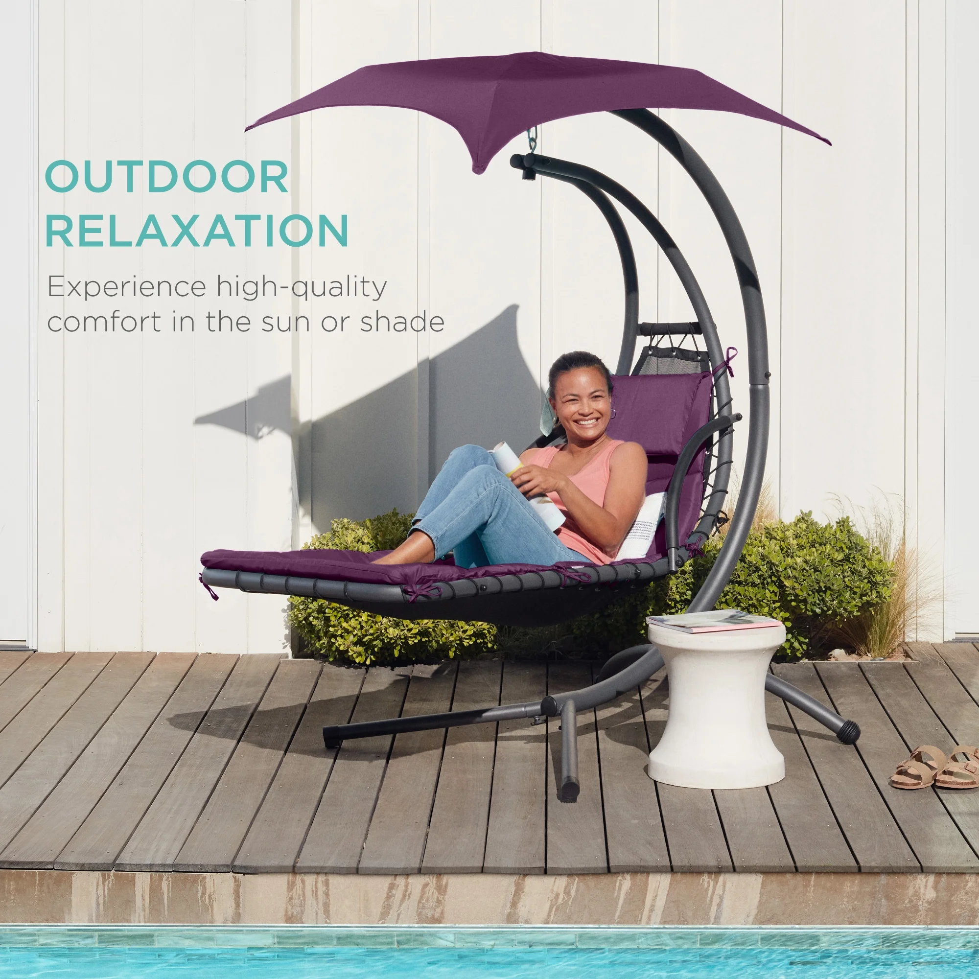 Best Choice Products Hanging Curved Chaise Lounge Chair Swing for Backyard, Patio w/ Pillow, Shade, Stand - Teal - Image 61