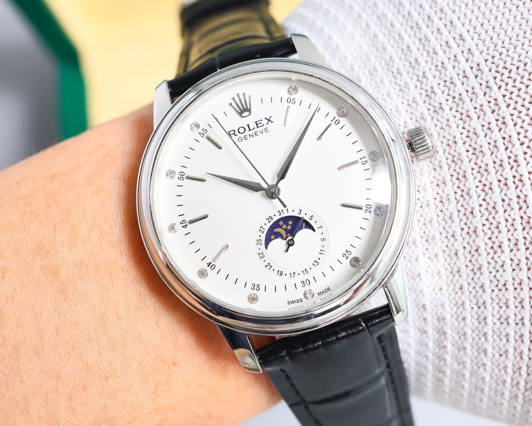 Rolex👑 Cellini Moonphase-40mm-Leather-White(1:1 replica) - Elite Watch Atelier