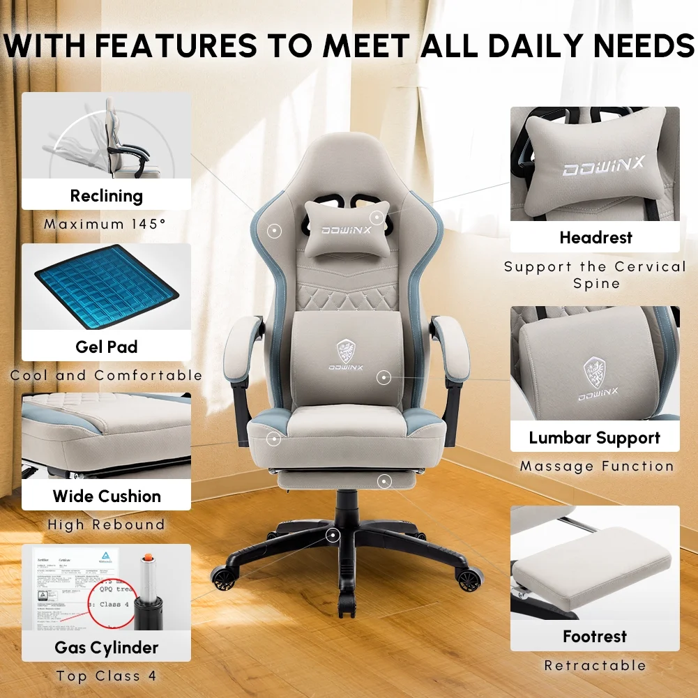 Dowinx Gaming Chair with Pocket Spring Cushion, Breathable Fabric Computer Chair with Gel Pad, Comfortable Office Chair with Storage Bag, Massage Game Chair with Footrest, Green - Image 15