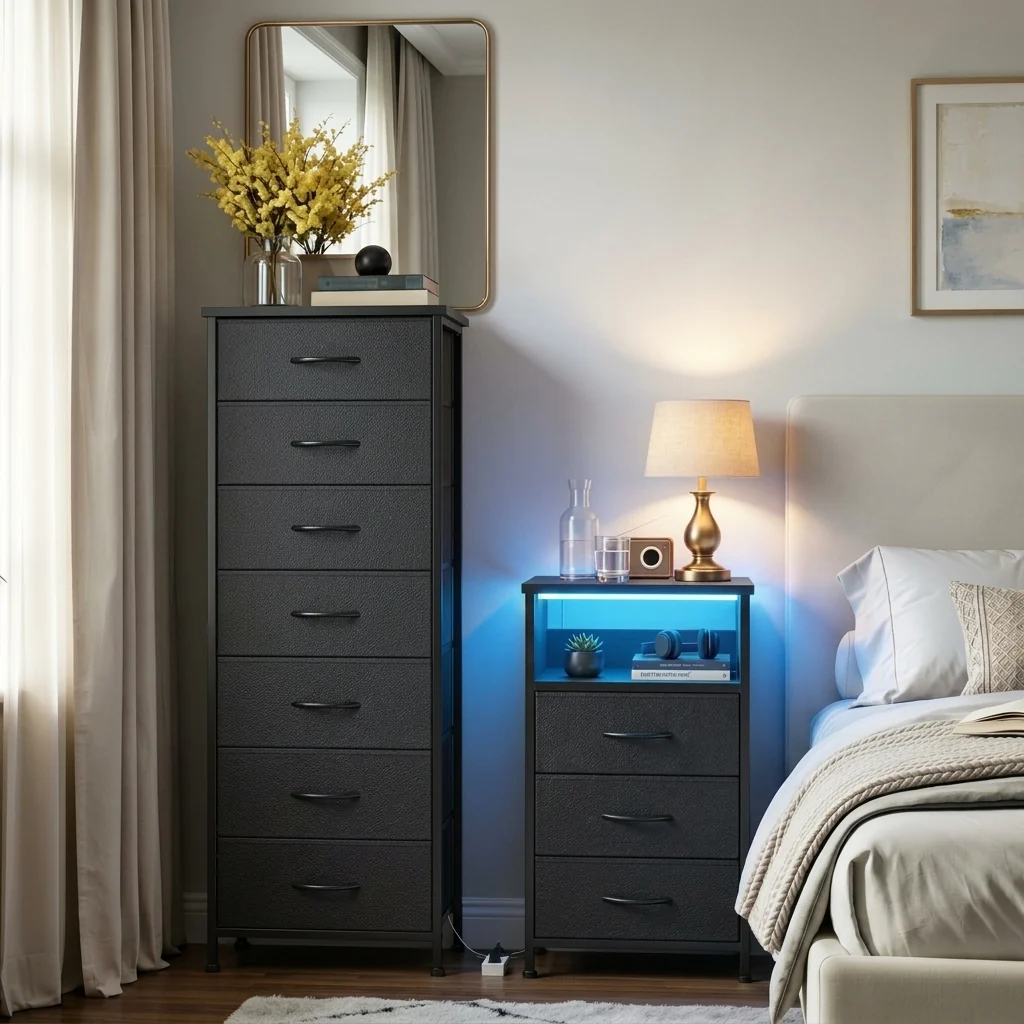 Black Nightstand & Tall Dresser Set, LED Nightstand with Charging Station, 10 Drawers