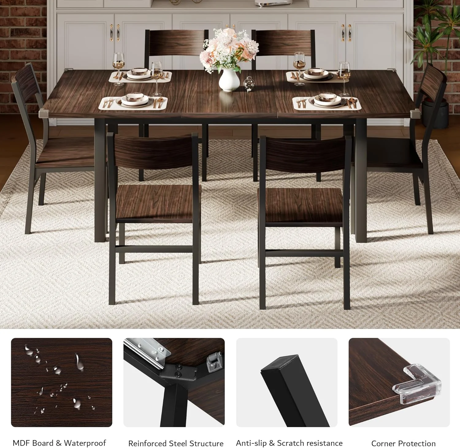 iPormis 63" Extendable Dining Table for 4-8, Square Wooden Dining Room Table with Metal Base, Modern Extendable Table for Small Kitchens, Dining Office Areas, Black - Image 26