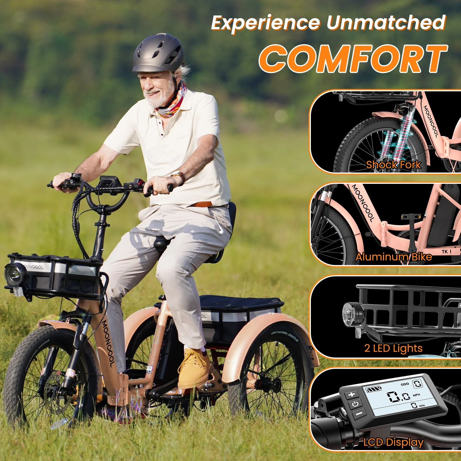 MOONCOOL TK1 Folding Electric Tricycle for Adults,48V 14.5Ah Removable battery, 500W(Peak 1000w)Motor, 20" Fat Tire Step-Thru 3Wheel Electric Bicycle w/Front&Rear Baskets, Certified to UL 2849 by SGS - Image 24