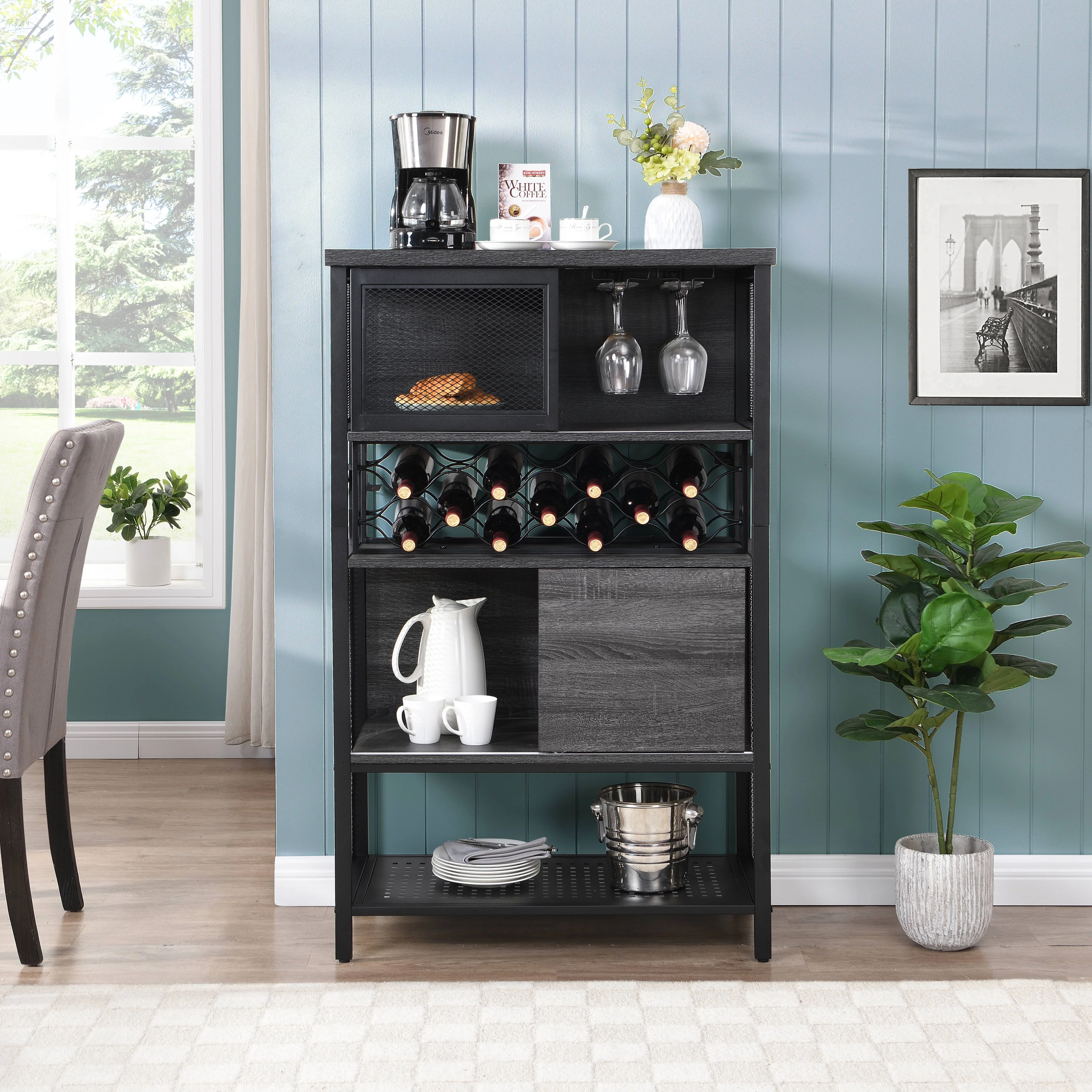 Industrial Bar Cabinet with Wine Rack, Rustic Wine Cabinet for Liquor and Glasses, Farmhouse Coffee Bar Cabinet with Storage, Rustic Buffet and Sideboard for Dining Room, Living Room, Kitchen, L0153