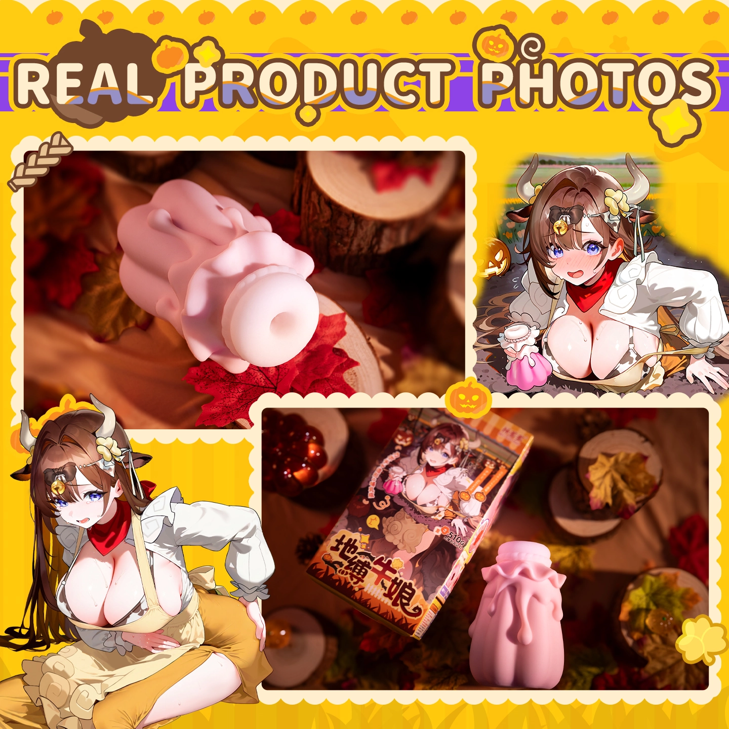 Dr.YUU pumpkin milk bottle male masturbator in a lifestyle product photo, featuring a soft TPE opening, stable triangular body, and textured internal channel