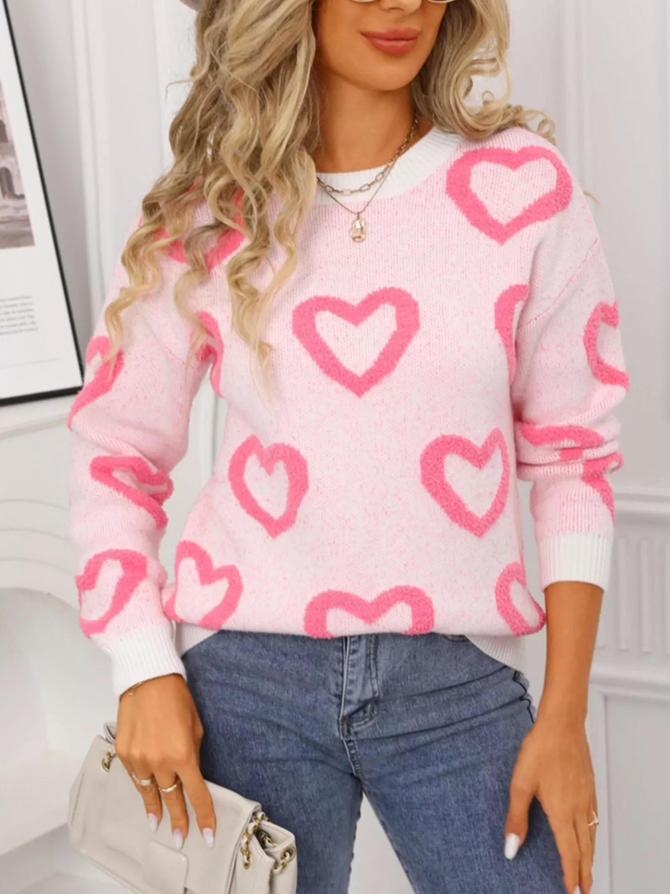 Valentine's Day Heart Pattern Round Neck Sweater - ZKZOOK