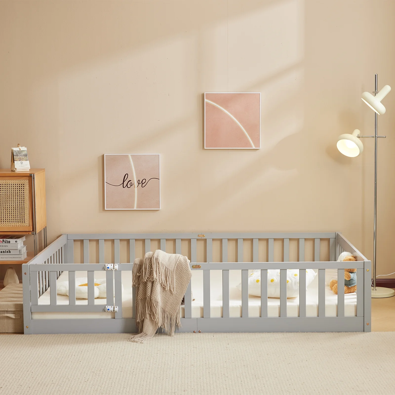 Zimtown Montessori Floor Bed Frame, Full Size Kids Toddler Bed with Fence and Door, Wooden Platform Bed, White - Image 21