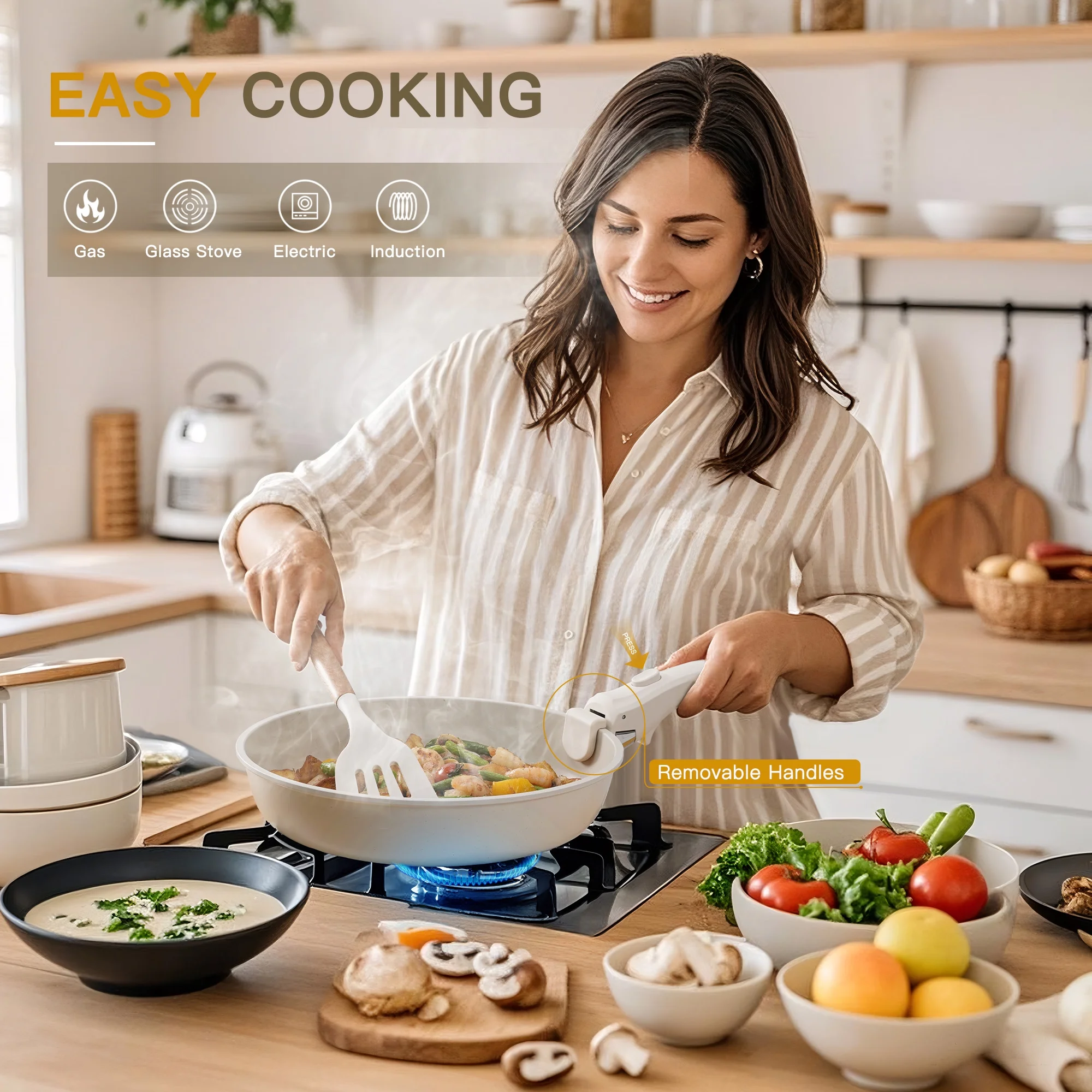 Astercook 22 Piece Ceramic Pots and Pans Set Non Stick,  Cookware Set with Detachable Handles, Oven Safe, Induction Ready, Stackable RV Kitchen Cooking Set, Cream White