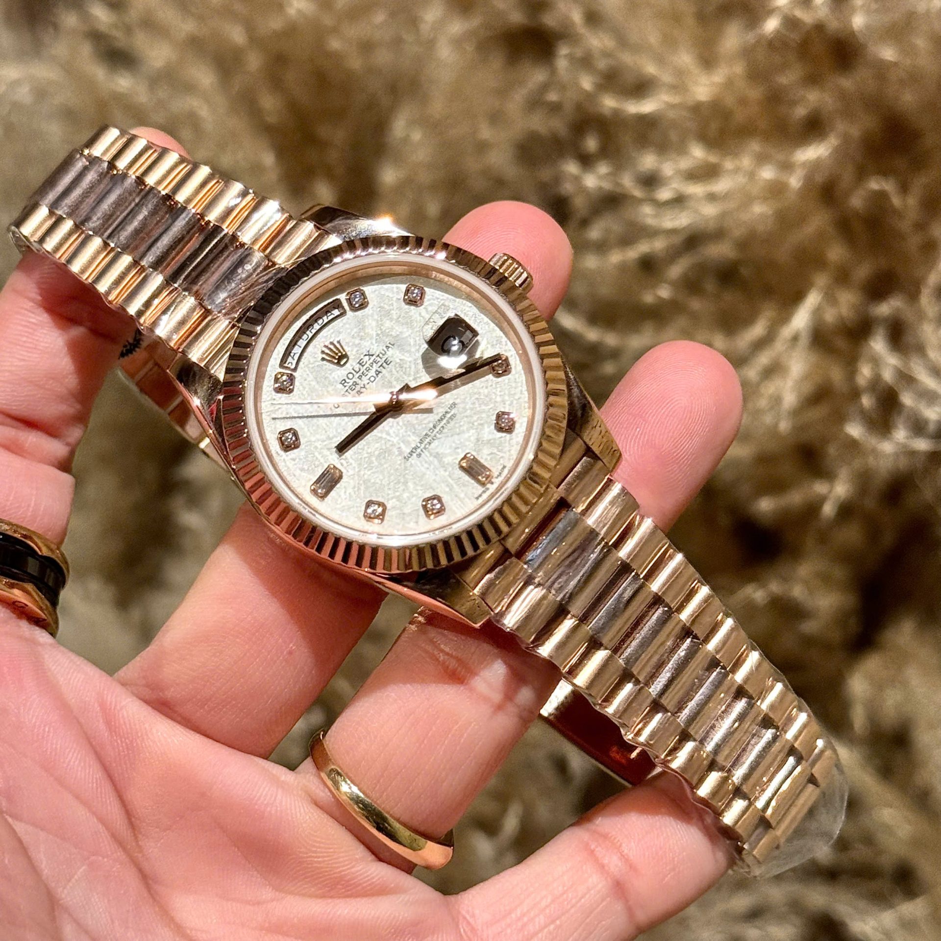 Rolex Replica Watch Day-Date Meteorite Dial With Moissanite Diamonds Hour Markers Custom Gold Wrapped GMF 40mm - Top club