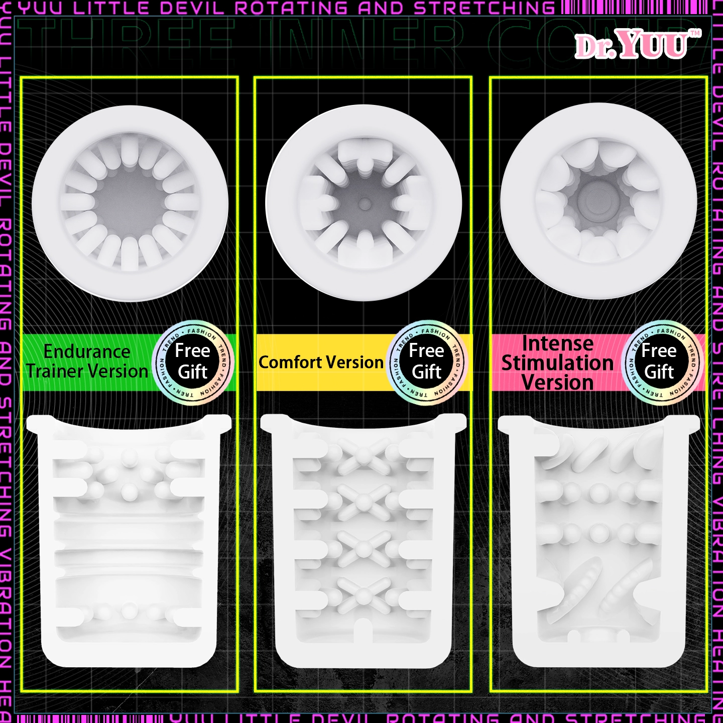 Detailed look at the soft ribbed silicone inner sleeve of the Dr.YUU thrusting stroker.