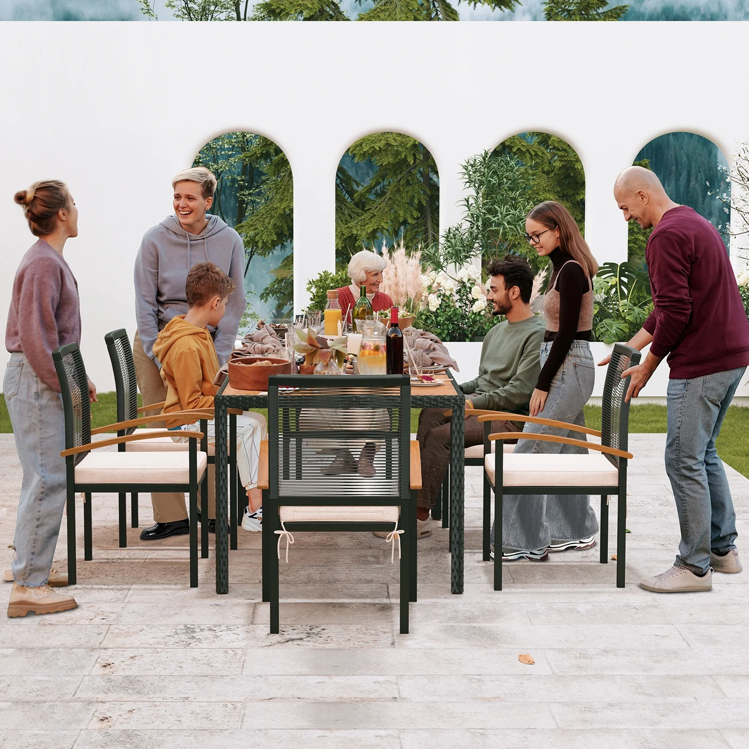 7 Pieces Outdoor Table and Chairs Outdoor Patio Furniture Set Wicker Patio Dining Sets for 6 Patio Table and Chairs Set Outdoor Furniture Set for Garden Yard Porch and Poolside