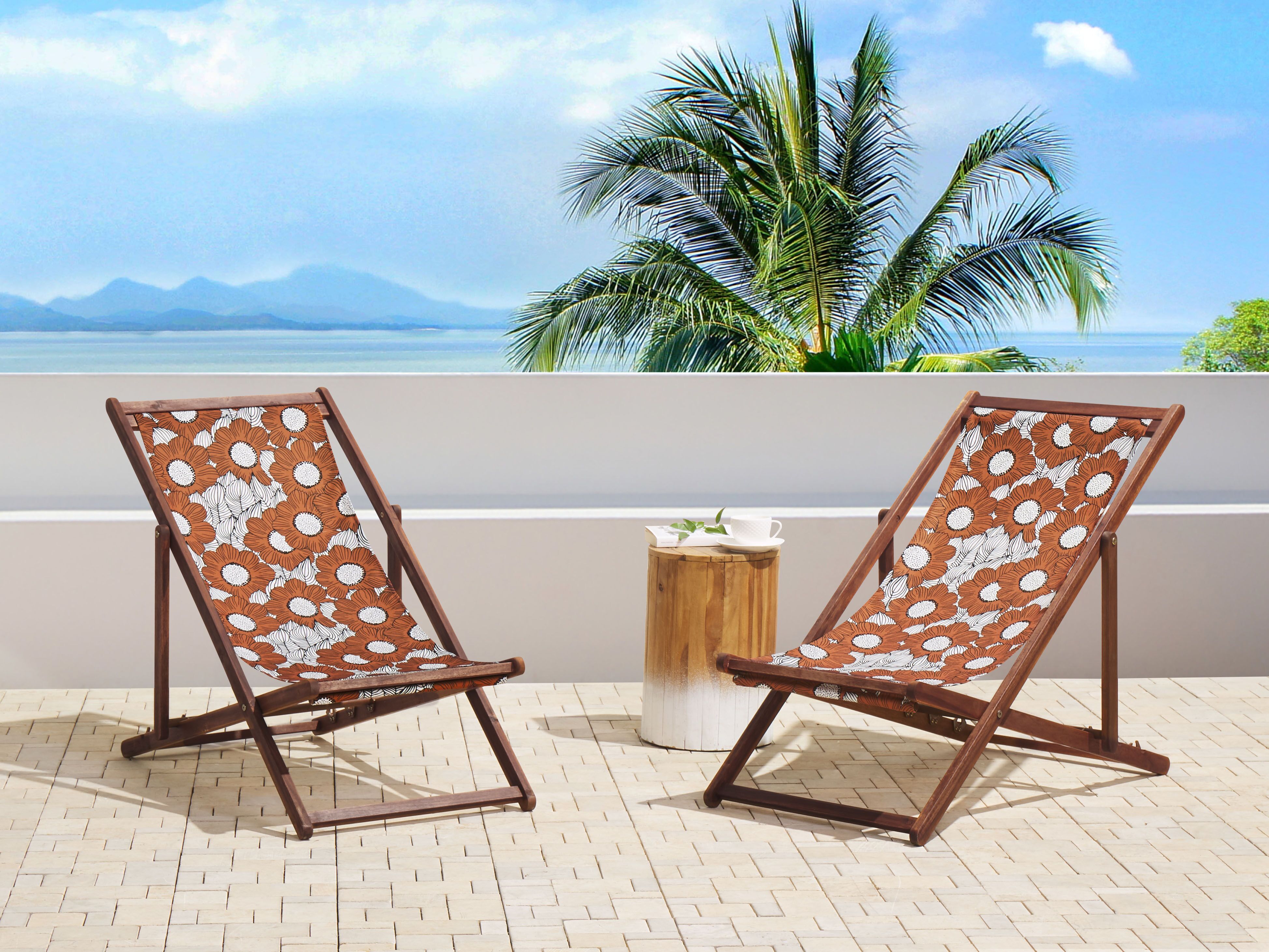 Set of 2 Folding Deck Chairs ANZIO with Replacement Fabrics Floral Motif Acacia Wood Dark Brown